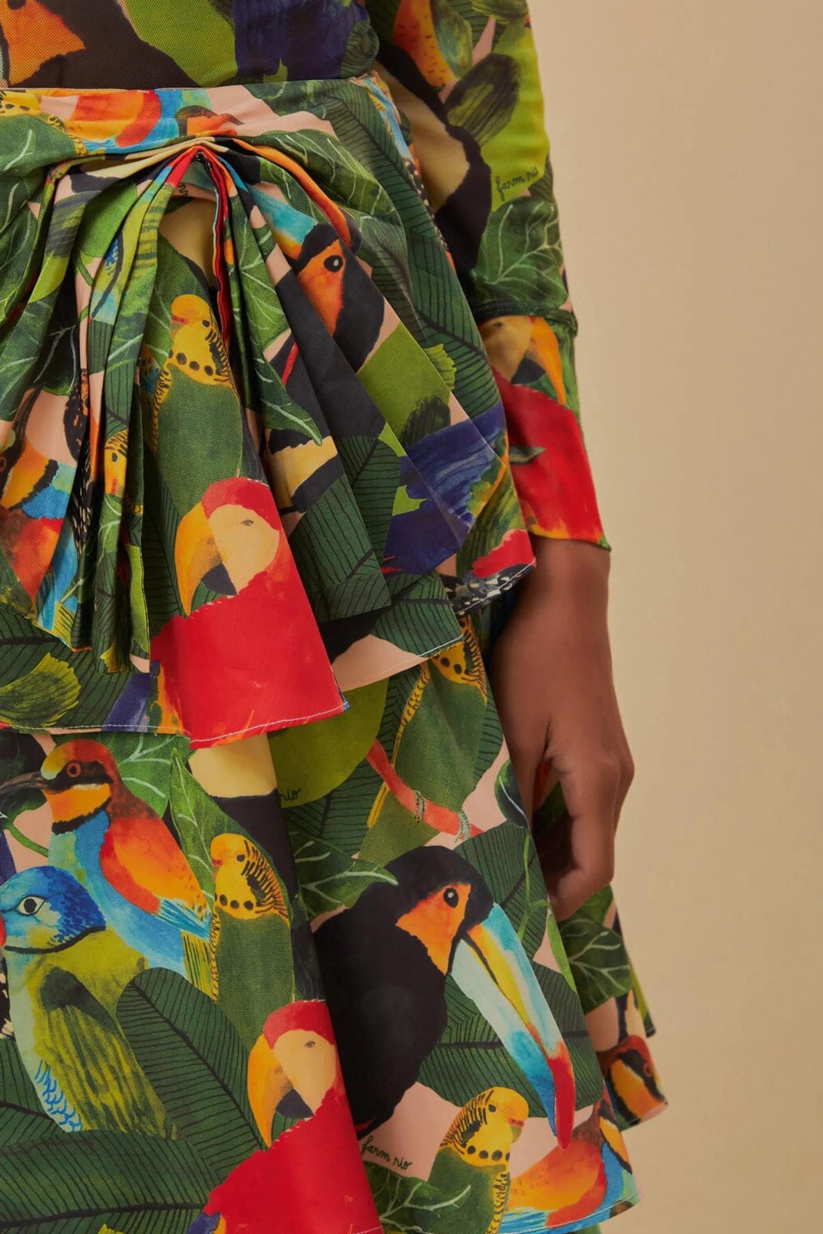 BIRD LEAVES SAND TIERED BOW DETAIL MAXI SKIRT