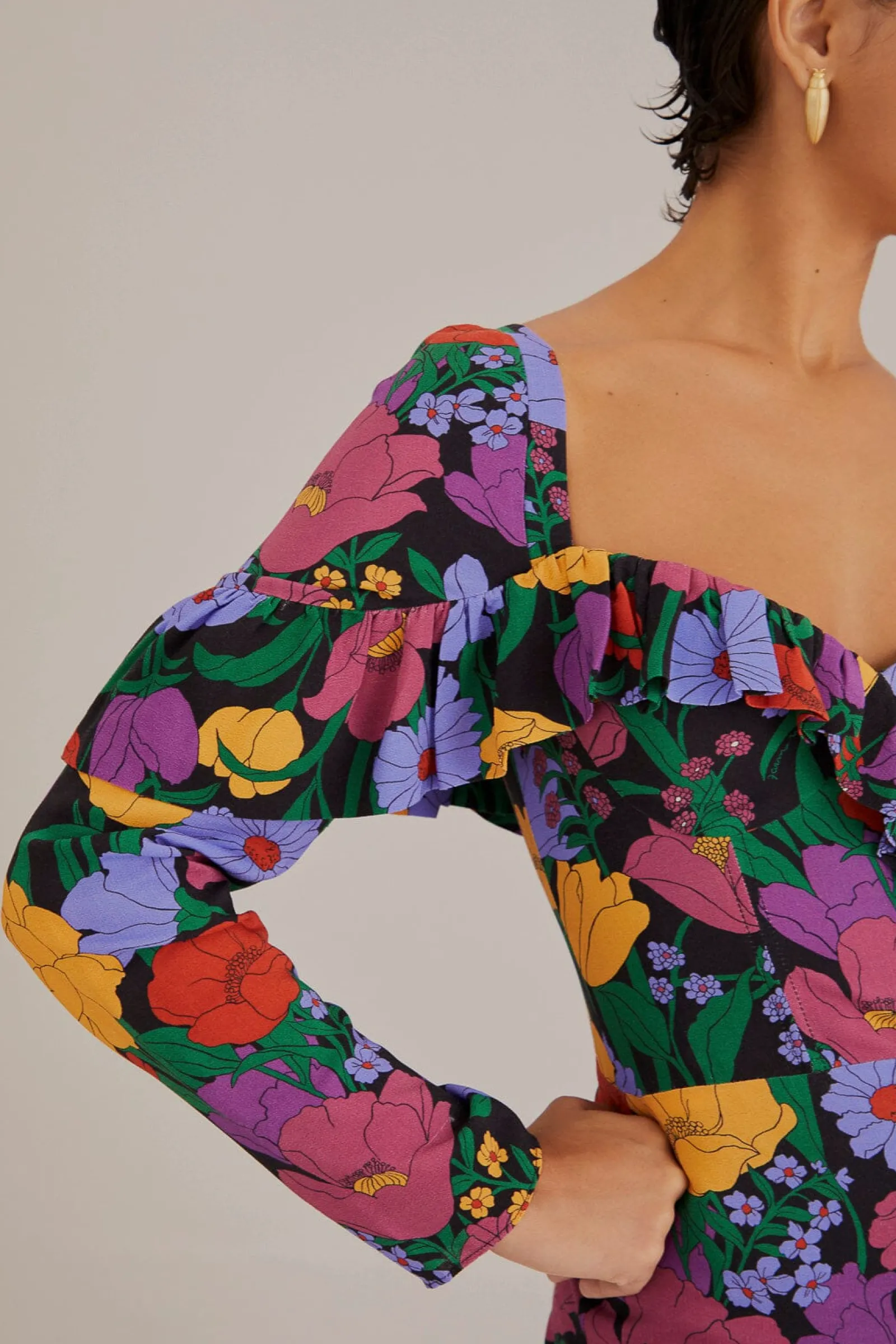 BLACK BUCOLIC GARDEN LONG SLEEVE MINI DRESS