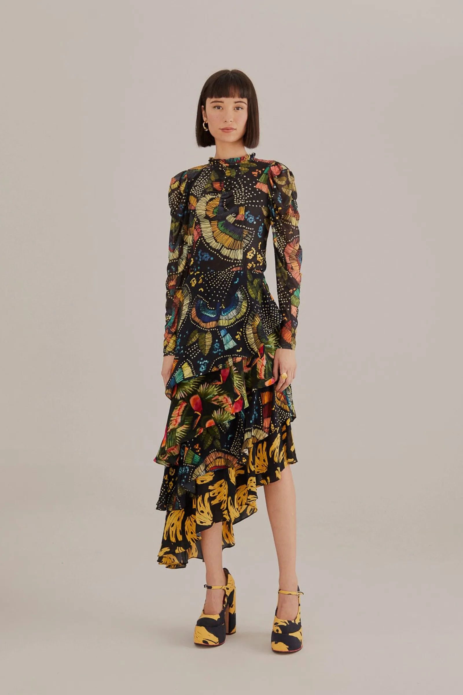  BLACK COLORFUL BIRDS TULLE BLOUSE