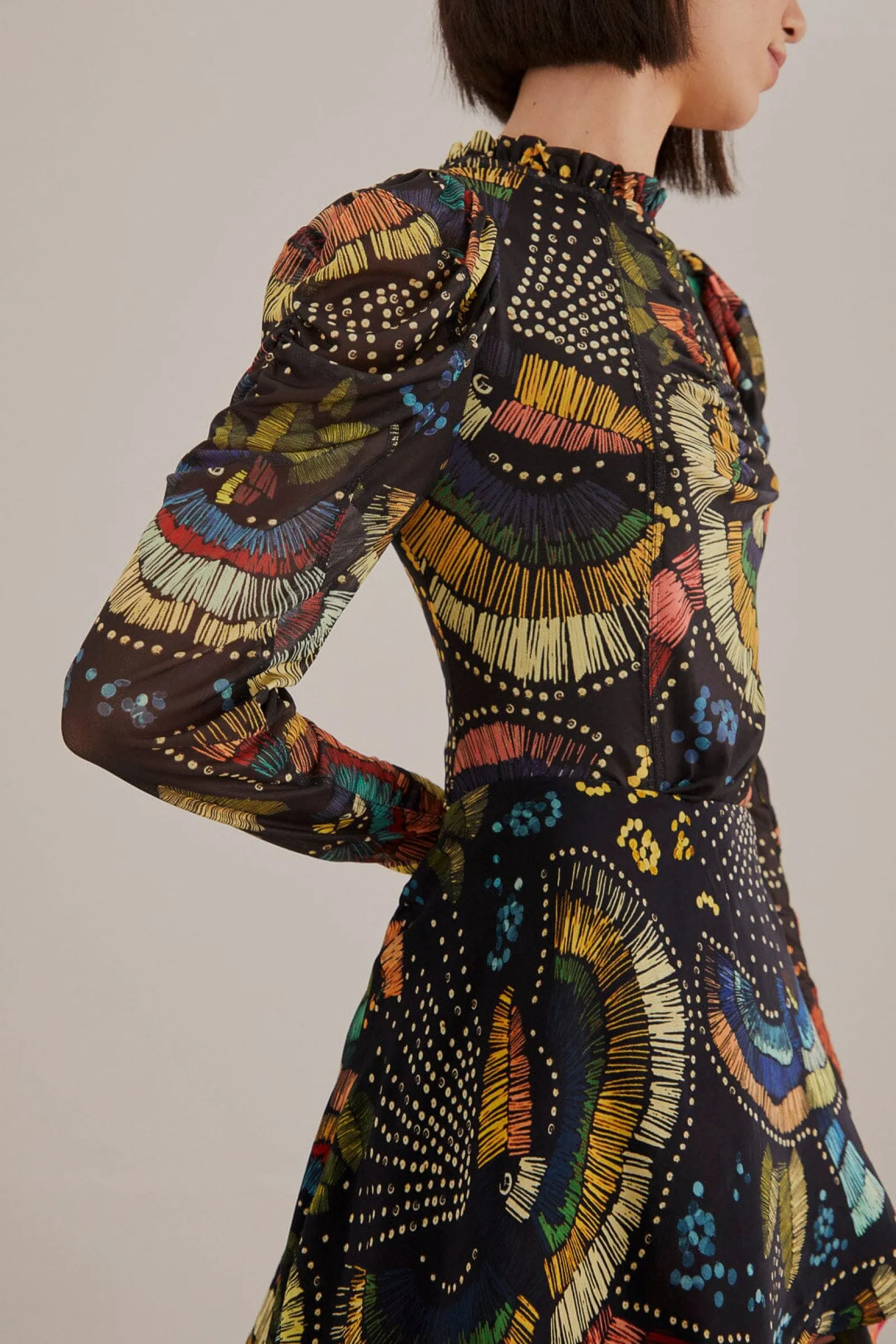  BLACK COLORFUL BIRDS TULLE BLOUSE