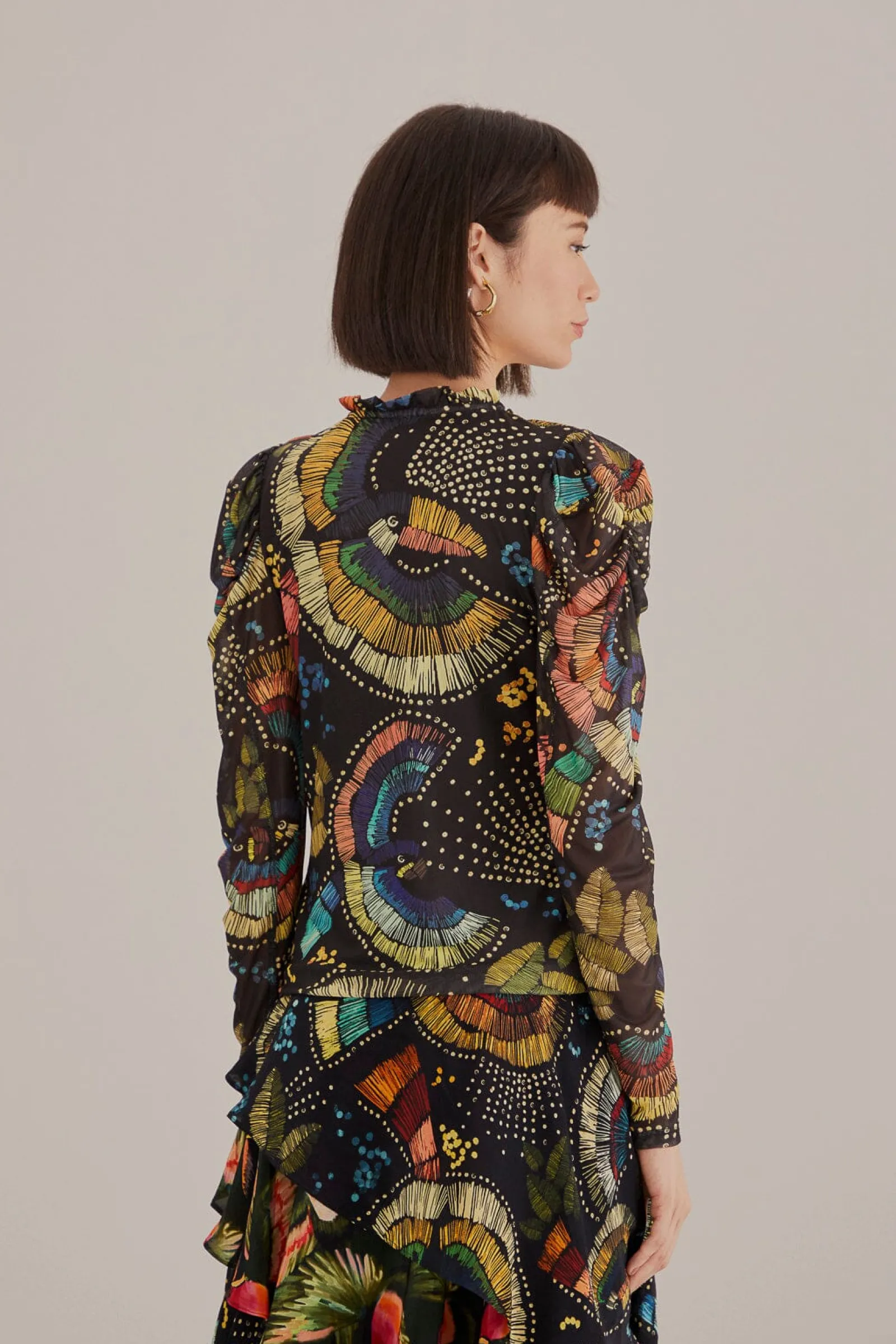  BLACK COLORFUL BIRDS TULLE BLOUSE