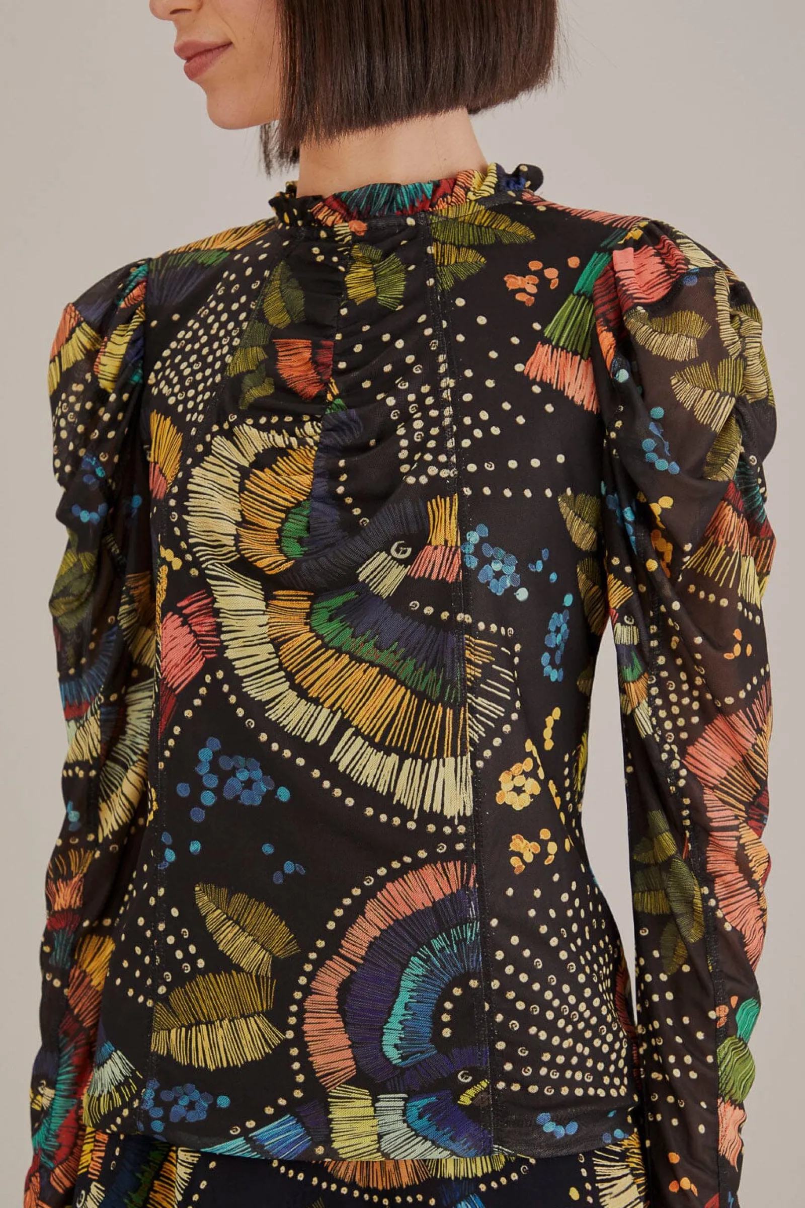  BLACK COLORFUL BIRDS TULLE BLOUSE