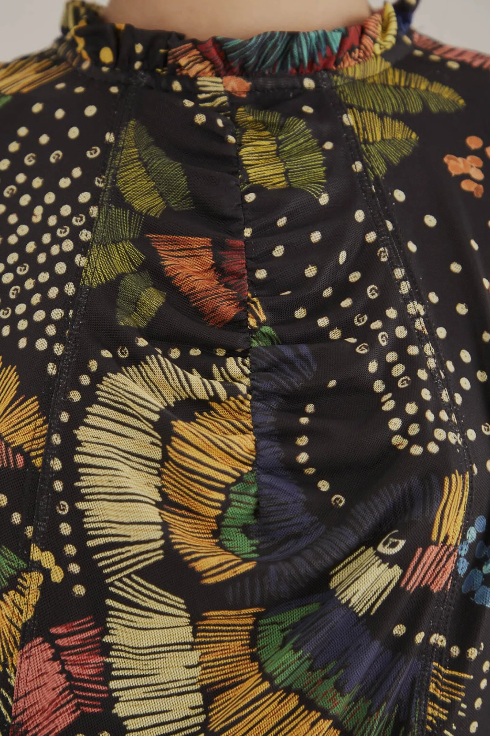  BLACK COLORFUL BIRDS TULLE BLOUSE