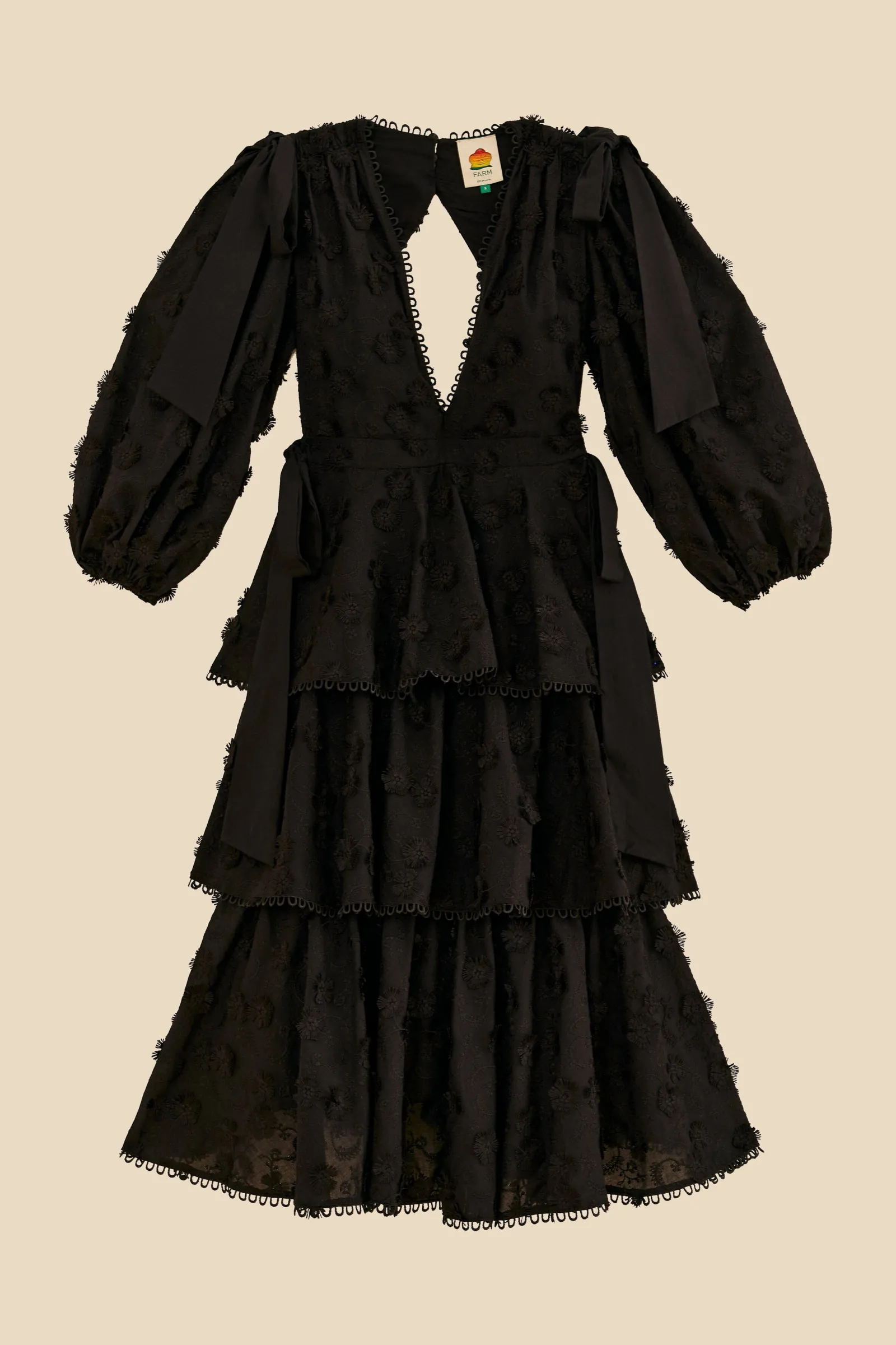 BLACK FLOWERS TEXTURED TIERED MIDI DRESS