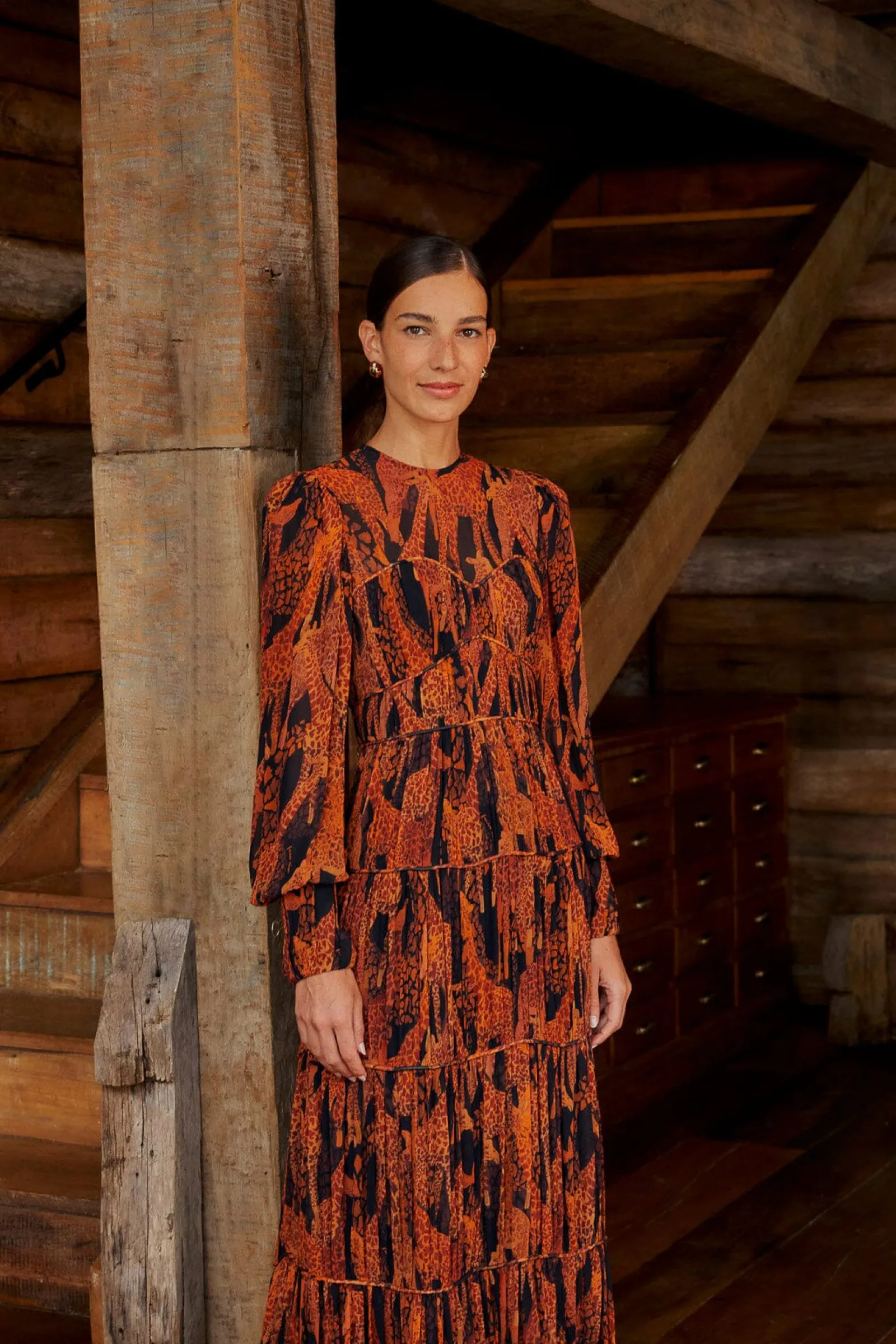 BLACK GIRAFFES PUFF SLEEVE MAXI DRESS