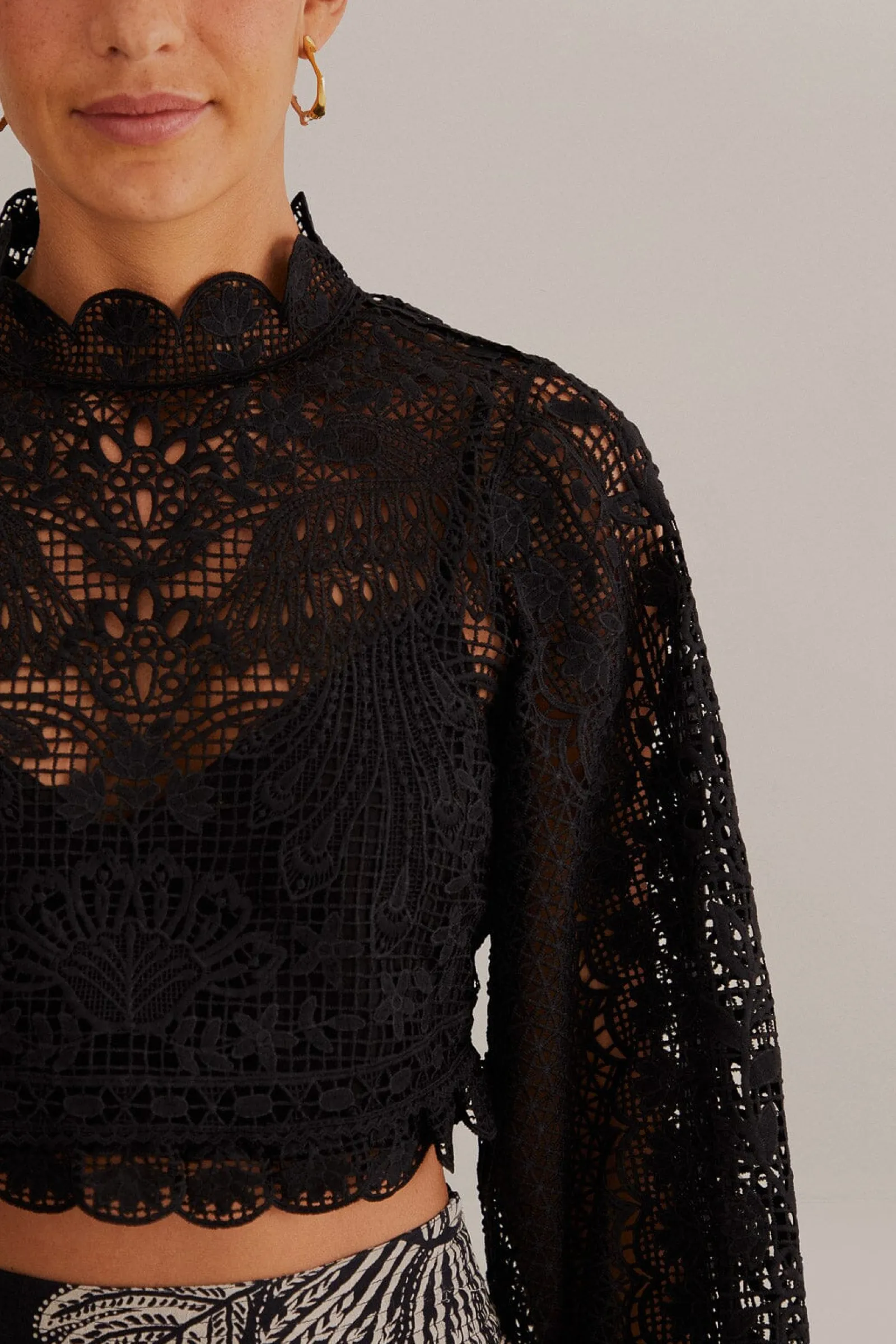 BLACK GUIPURE LONG SLEEVE BLOUSE