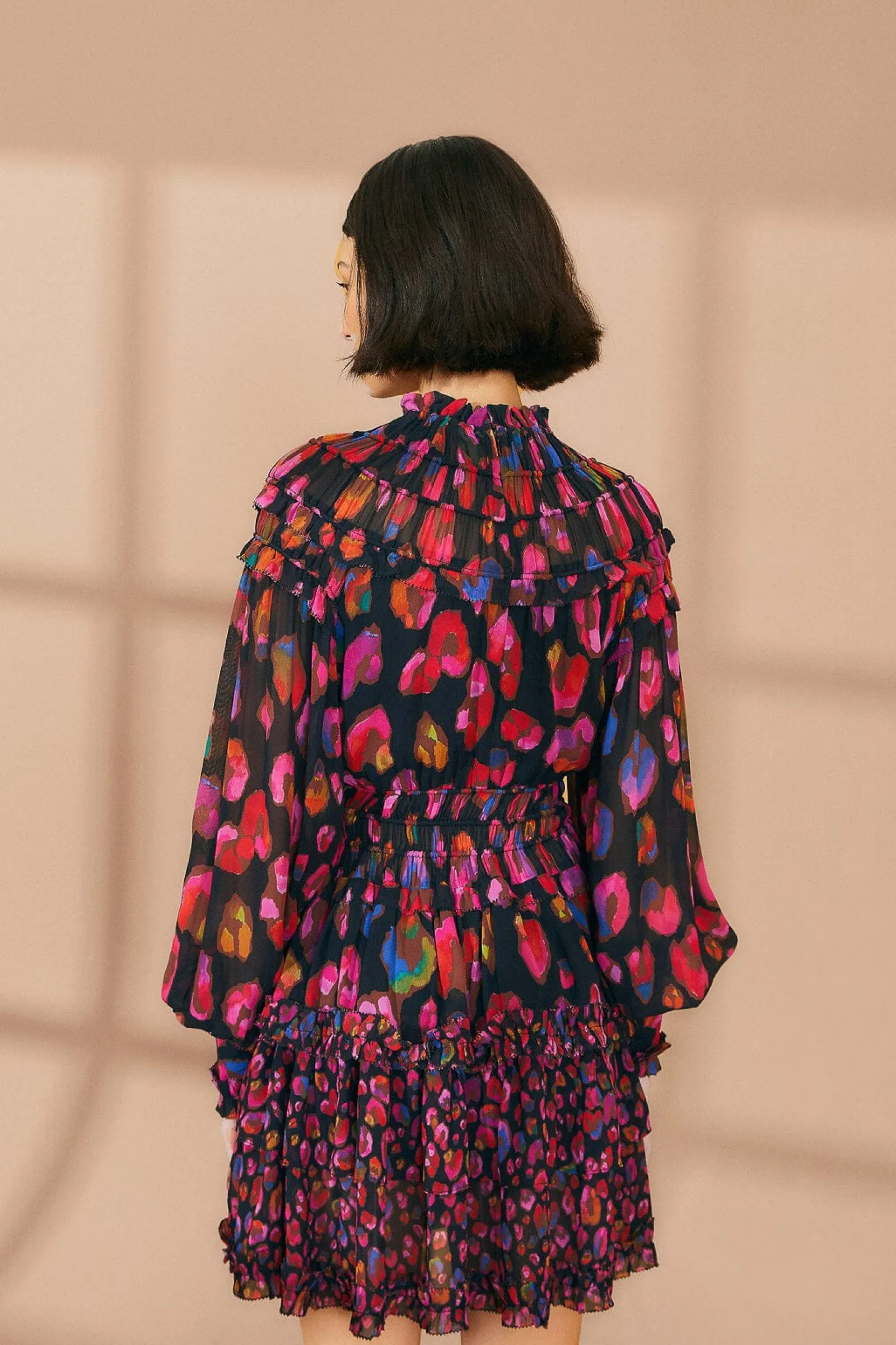 BLACK IRIDESCENT LEOPARDS RUFFLE MINI DRESS