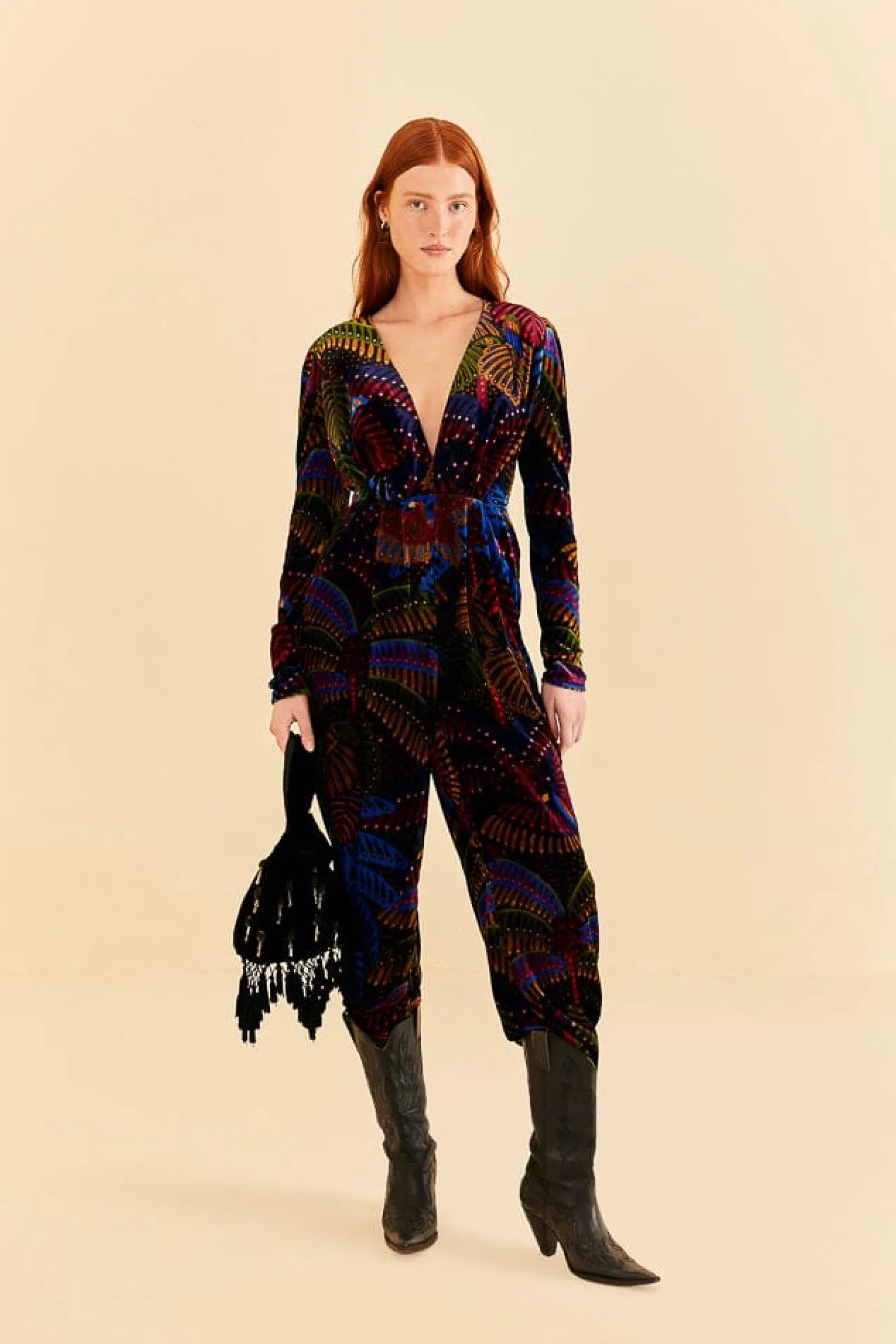  BLACK MIDNIGHT ISLAND V NECK VELVET JUMPSUIT