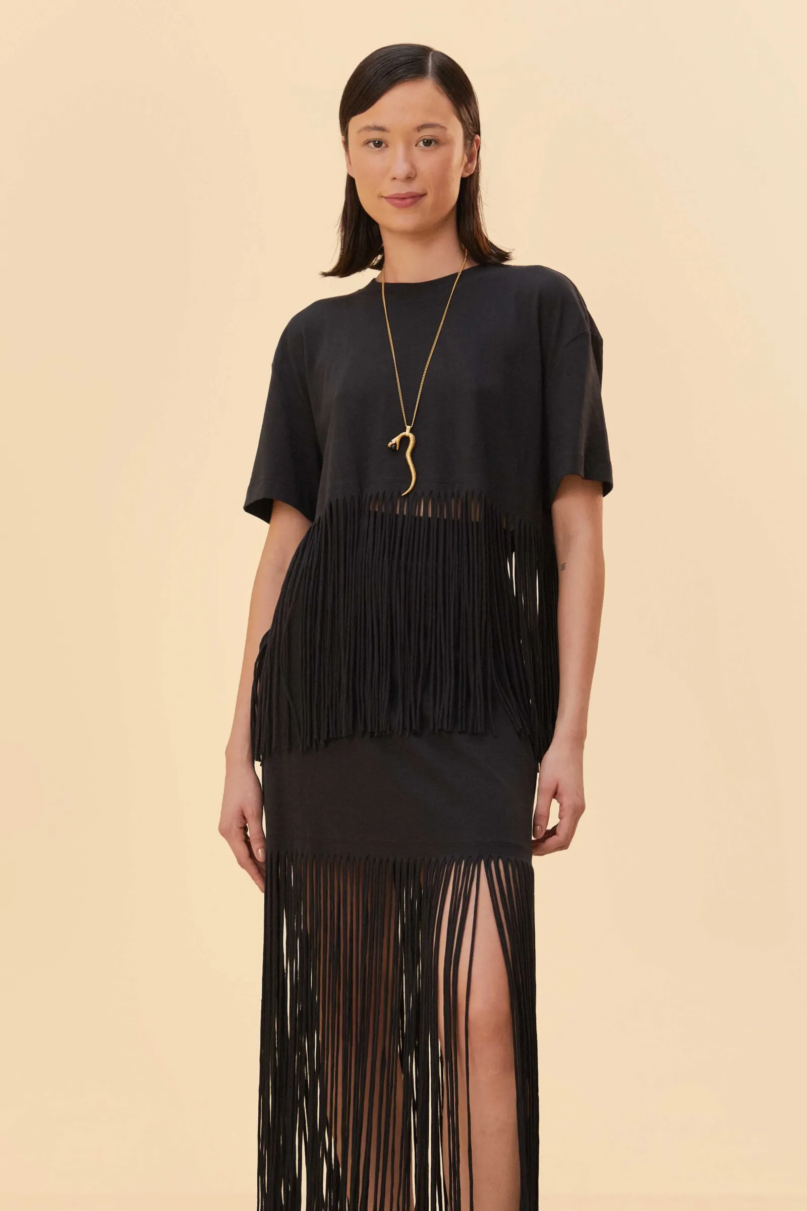 BLACK ORGANIC COTTON FRINGE MIDI SKIRT