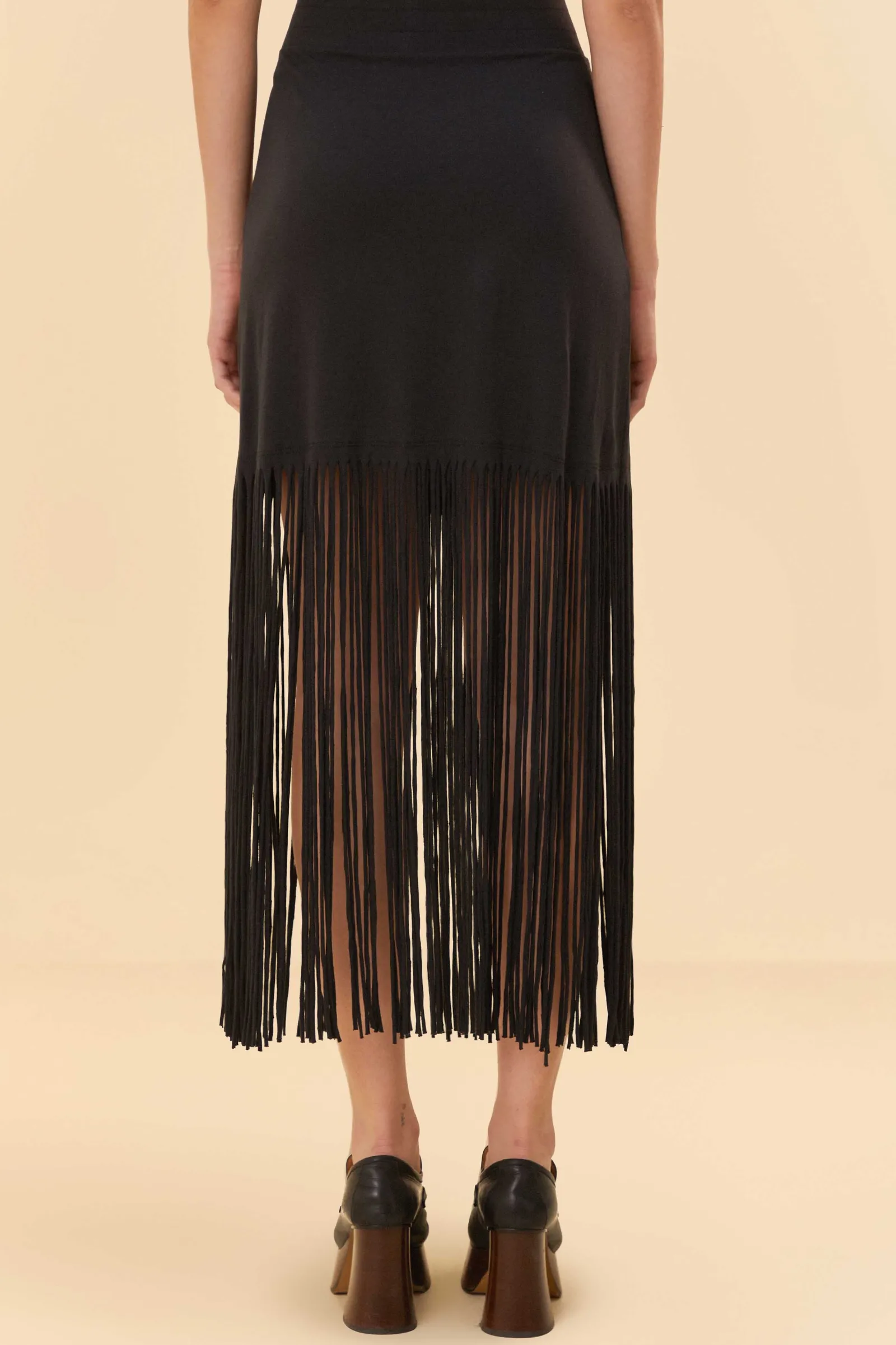 BLACK ORGANIC COTTON FRINGE MIDI SKIRT