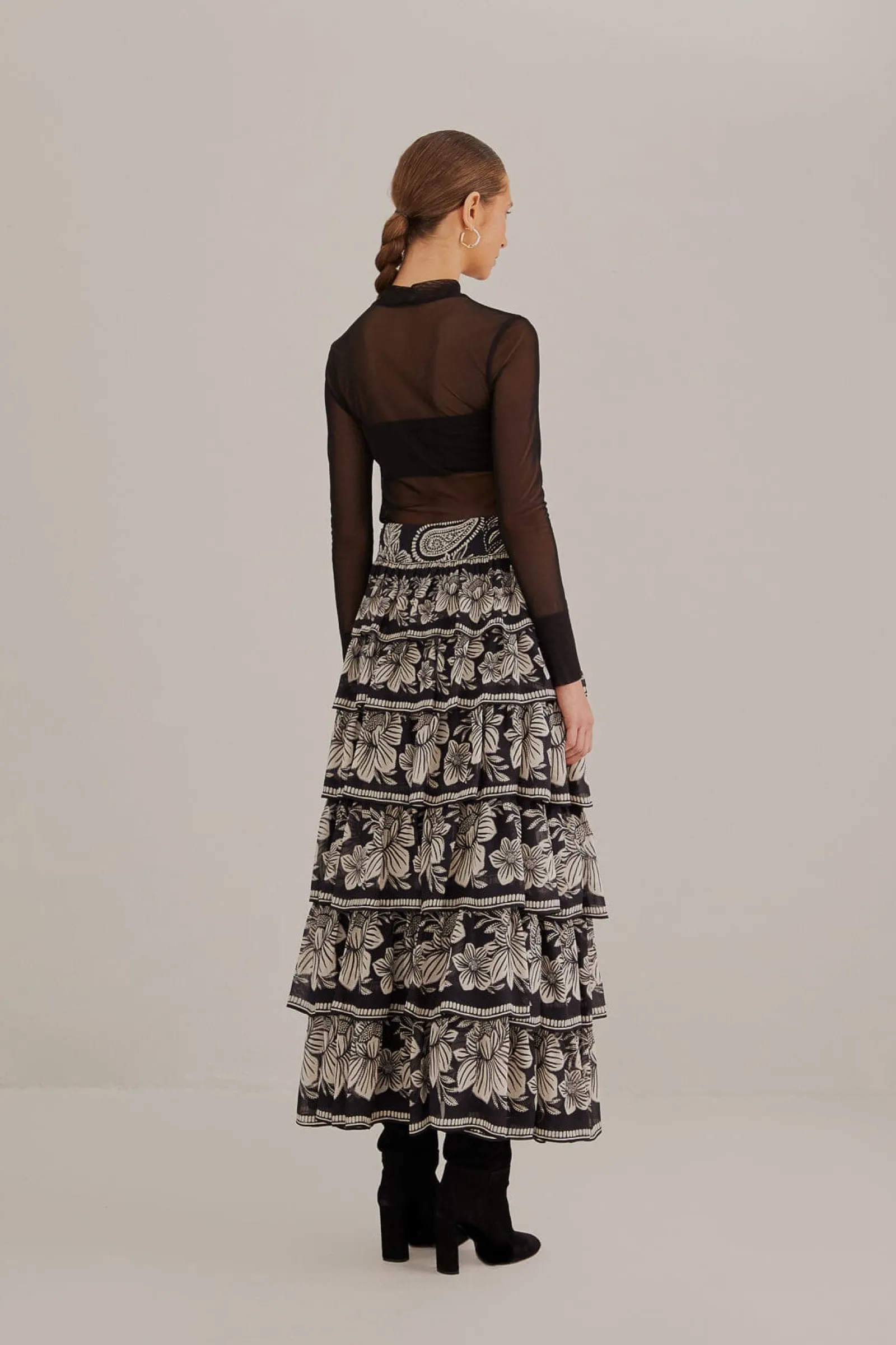 BLACK PAISLEY BLOOM TIERED SKIRT