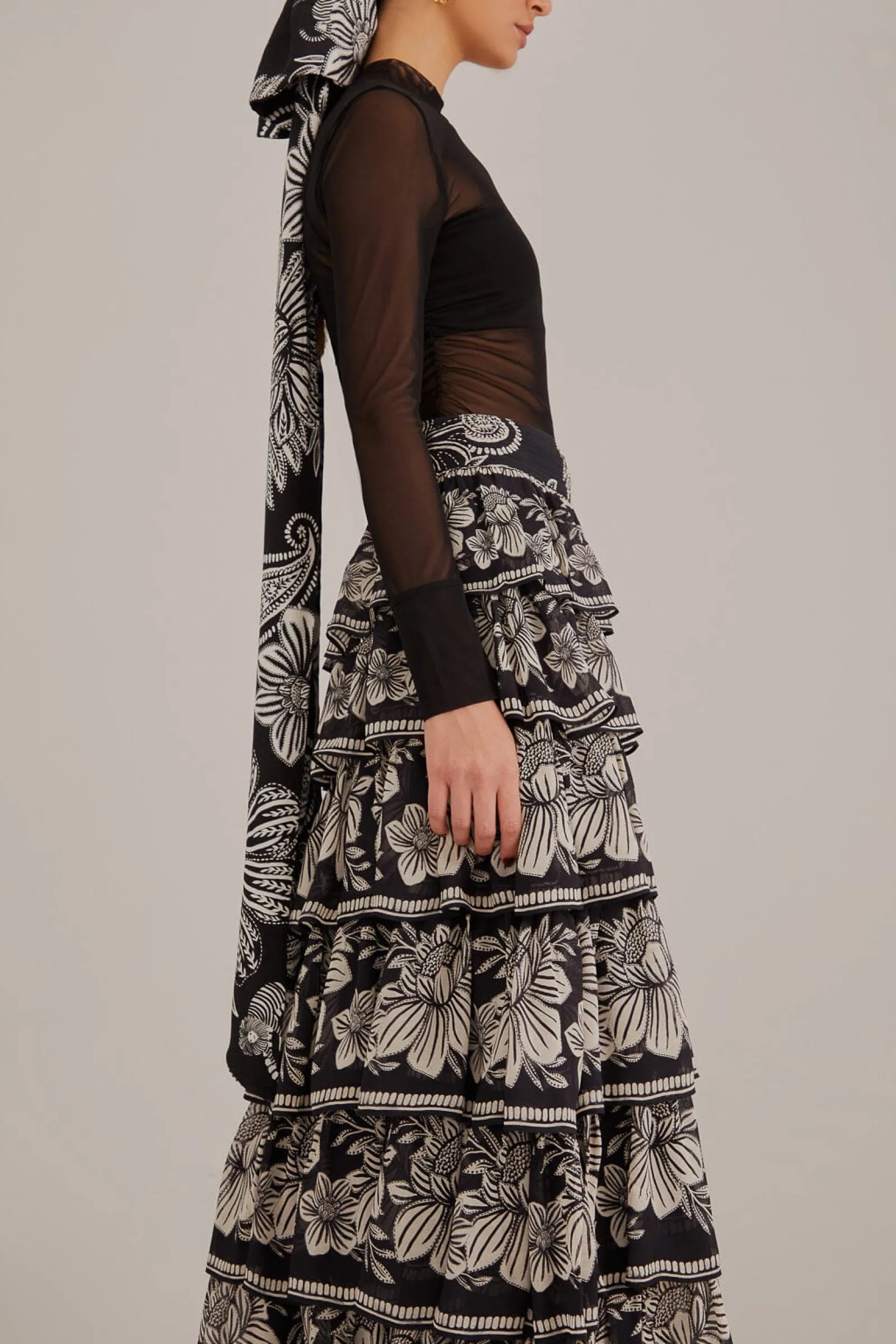 BLACK PAISLEY BLOOM TIERED SKIRT