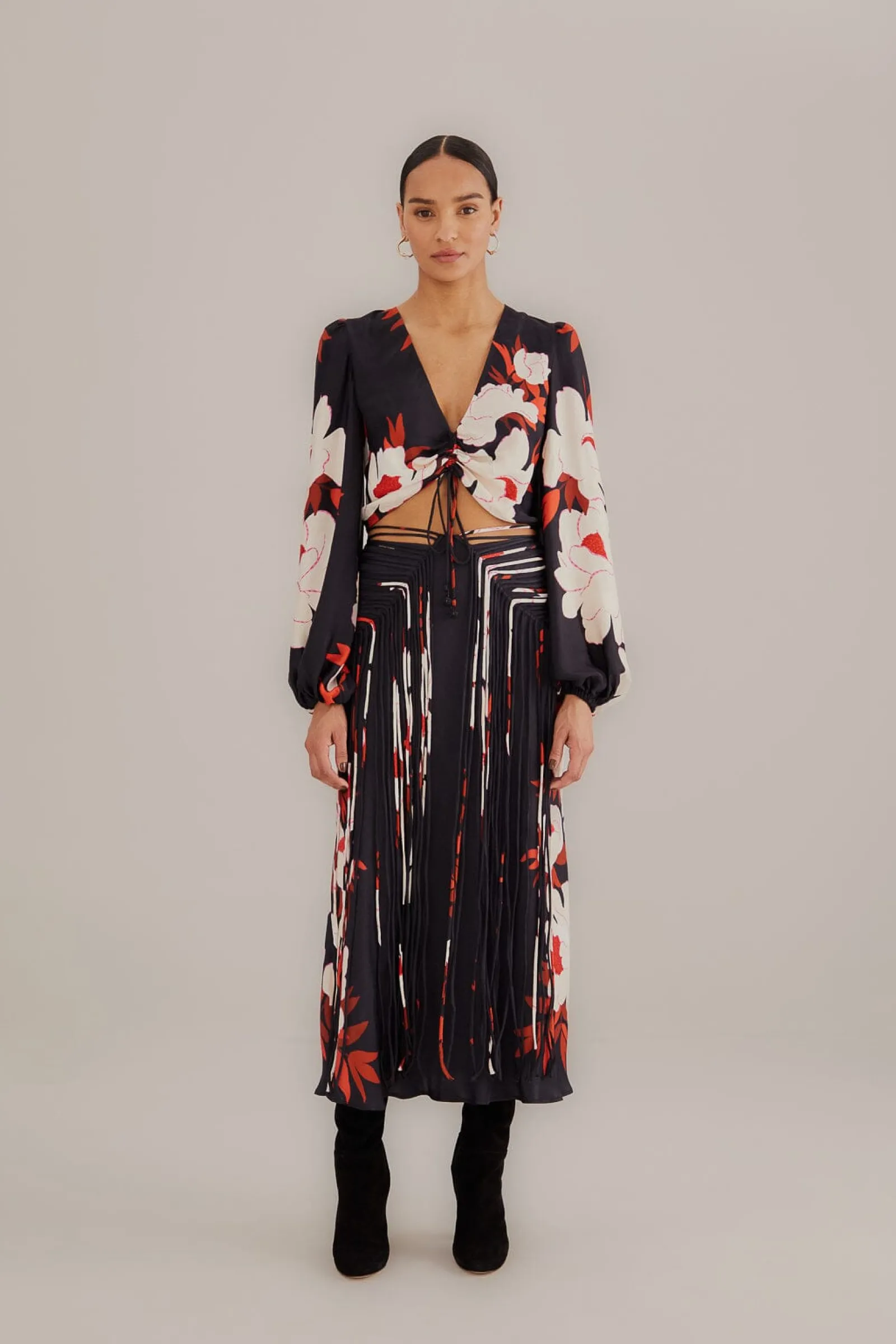  BLACK PEONY FRINGE MIDI SKIRT