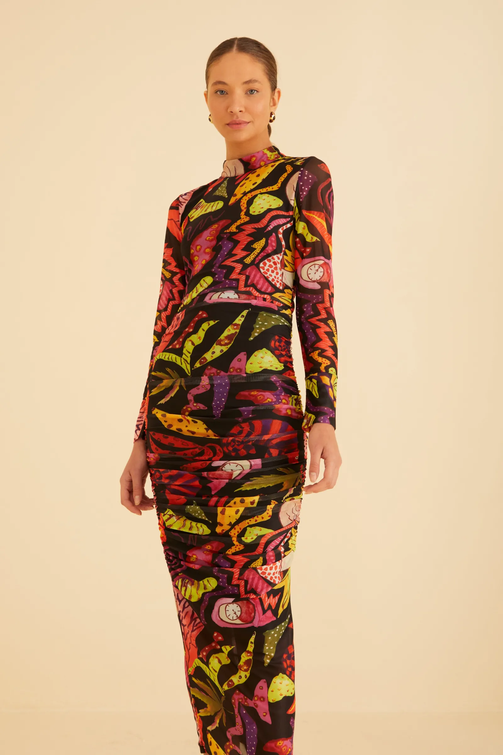  BLACK PSYCHEDELIC GARDEN TULLE MIDI DRESS