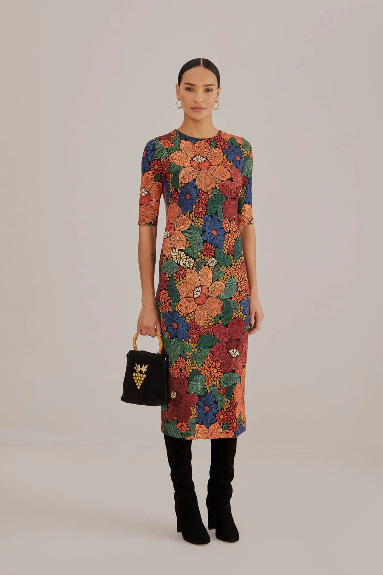  BLACK STITCHED FLOWERS LENZING™ ECOVERO™ VISCOSE MIDI DRESS
