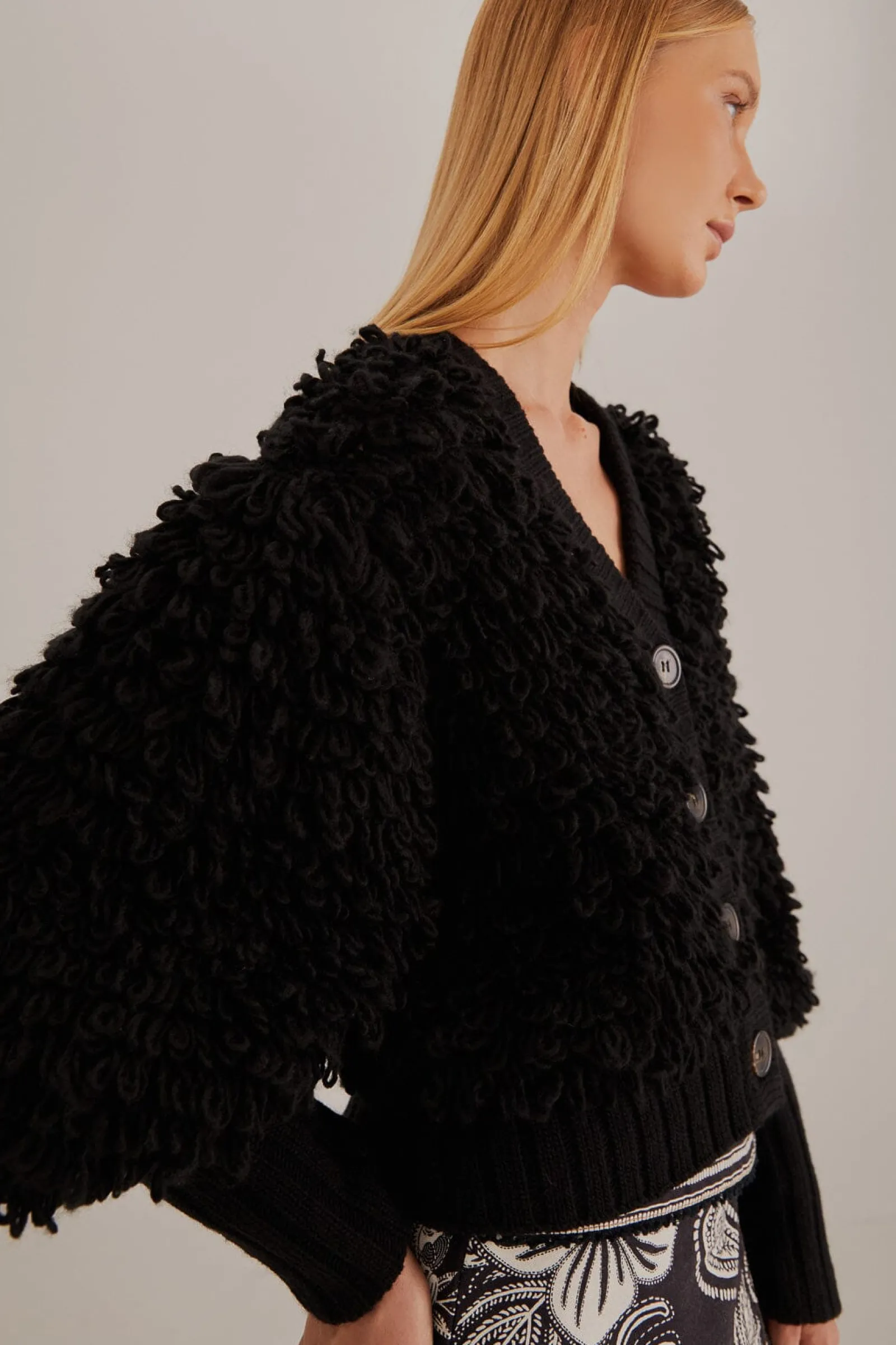 BLACK TEXTURED V NECK CARDIGAN