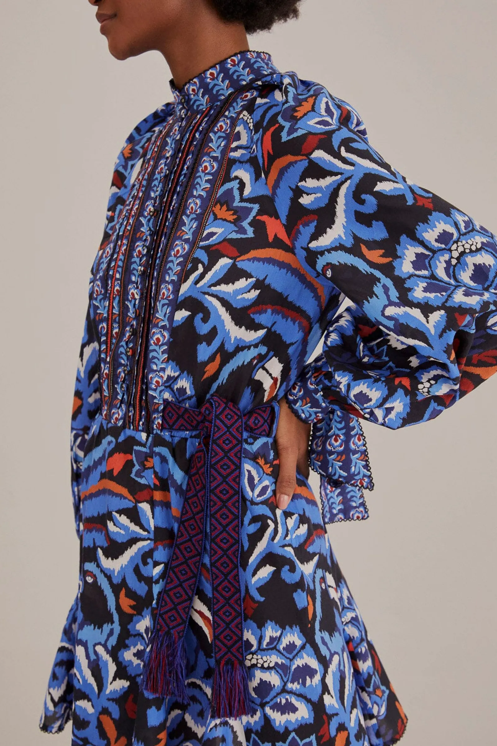 BLACK TOUCANS SCARF LONG SLEEVE MINI DRESS