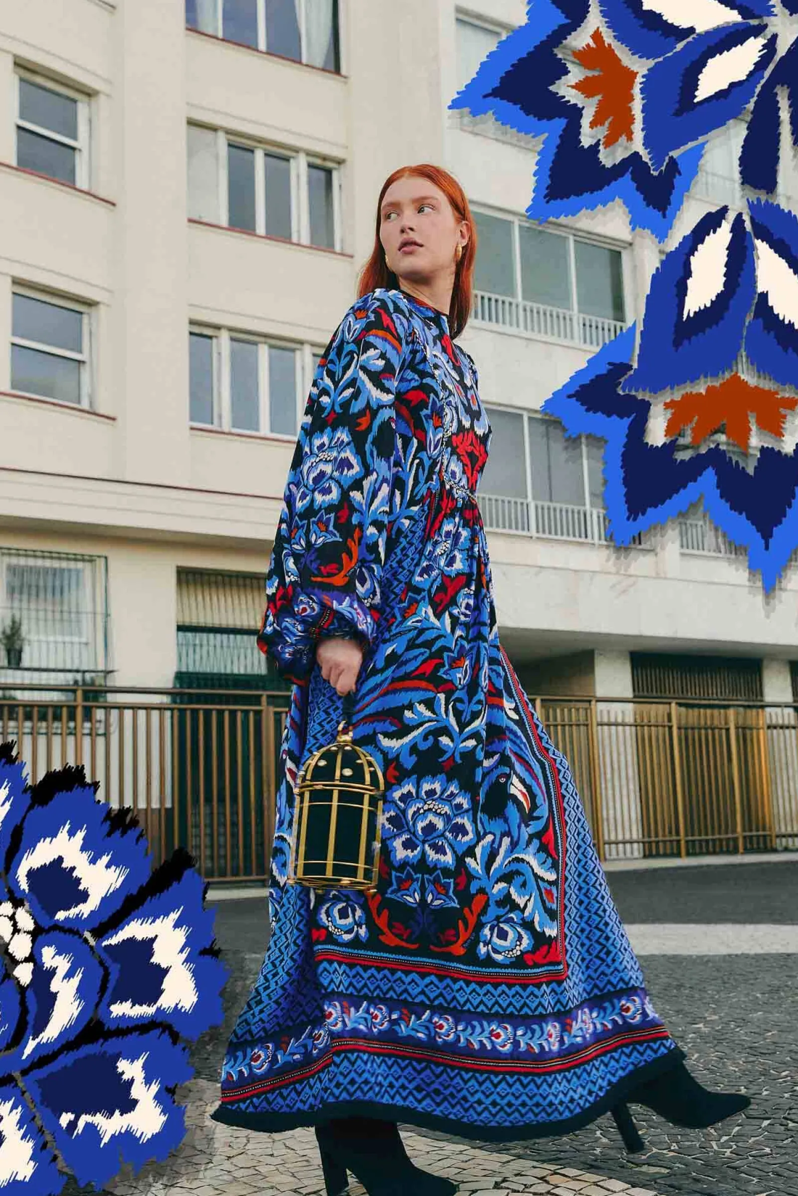 BLACK TOUCANS SCARF LONG SLEEVE MAXI DRESS