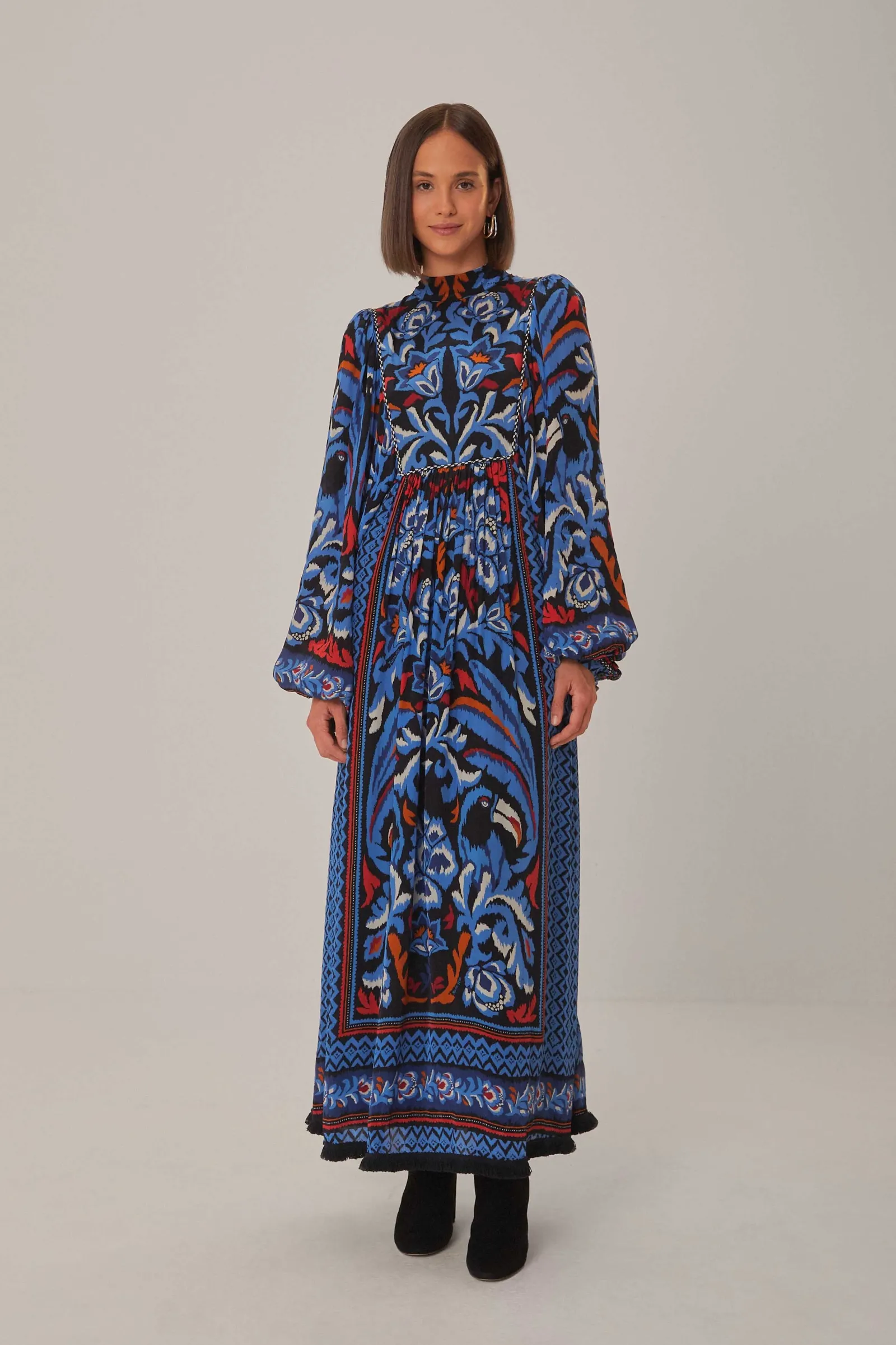 BLACK TOUCANS SCARF LONG SLEEVE MAXI DRESS