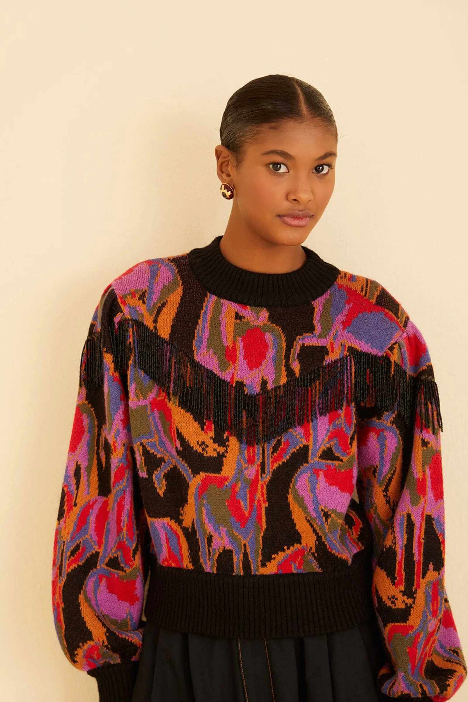  BLACK WILD HORSES FRINGE SWEATER