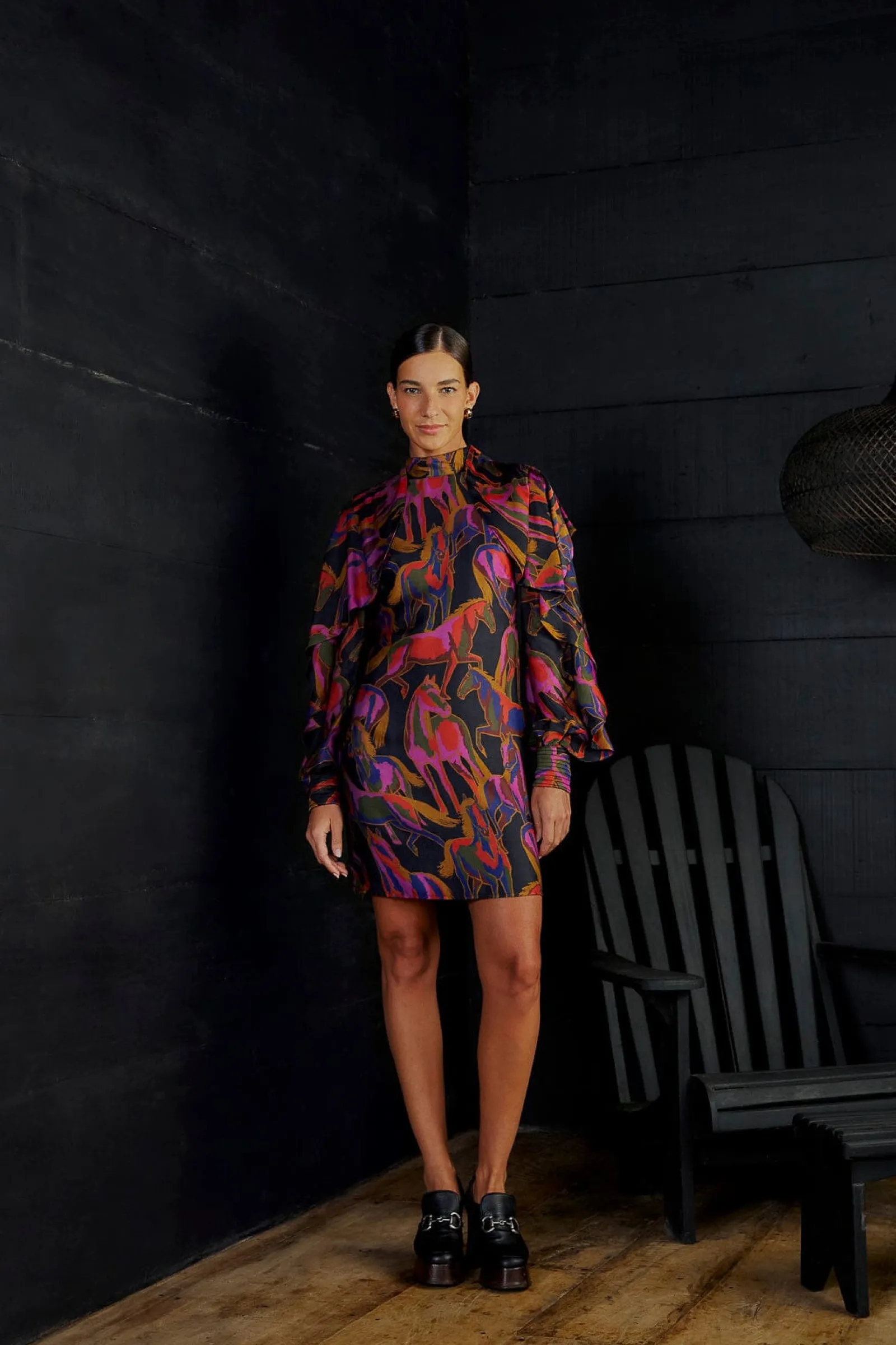  BLACK WILD HORSES BACKLESS MINI DRESS