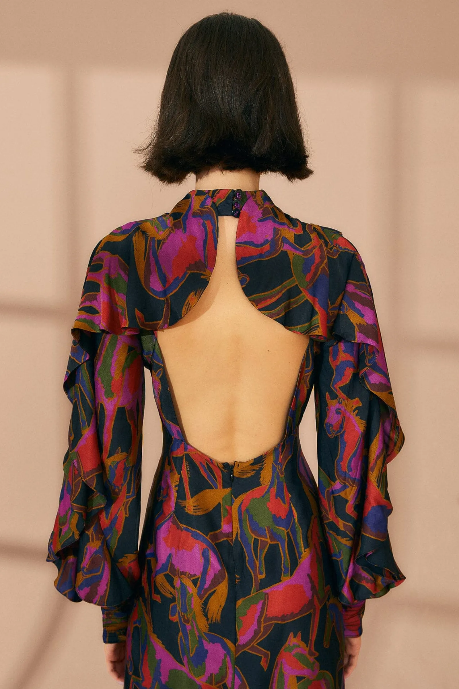 BLACK WILD HORSES BACKLESS MINI DRESS