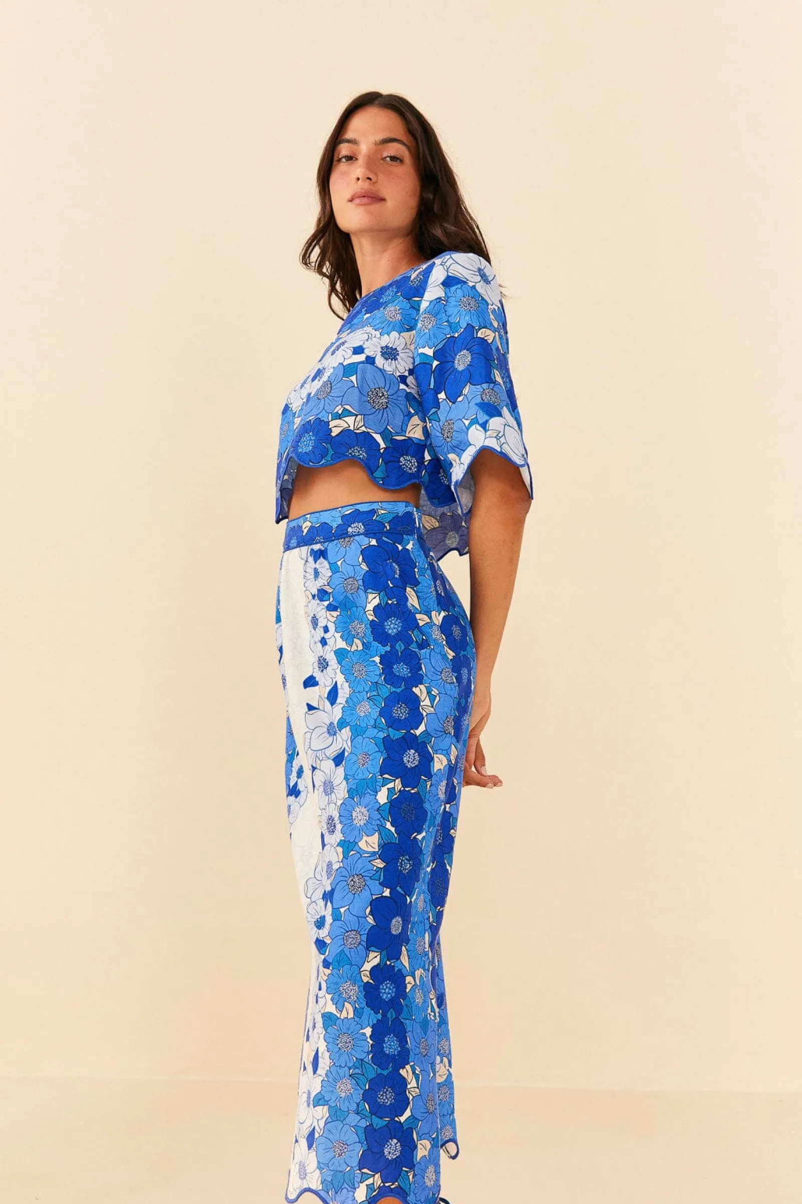 BLUE FLOWER STRIPES MIDI SKIRT