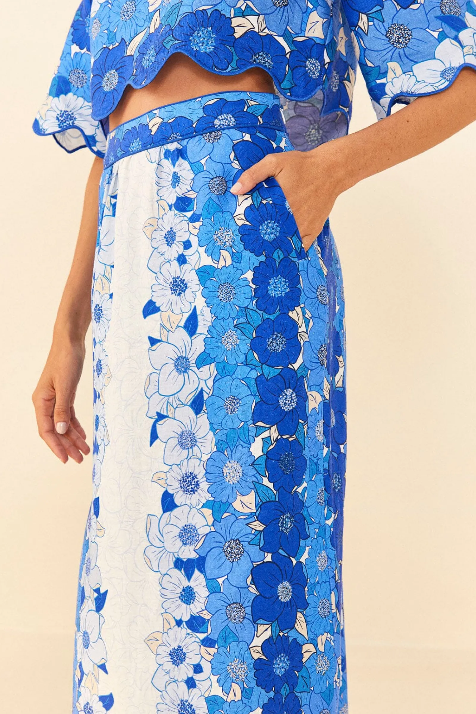 BLUE FLOWER STRIPES MIDI SKIRT