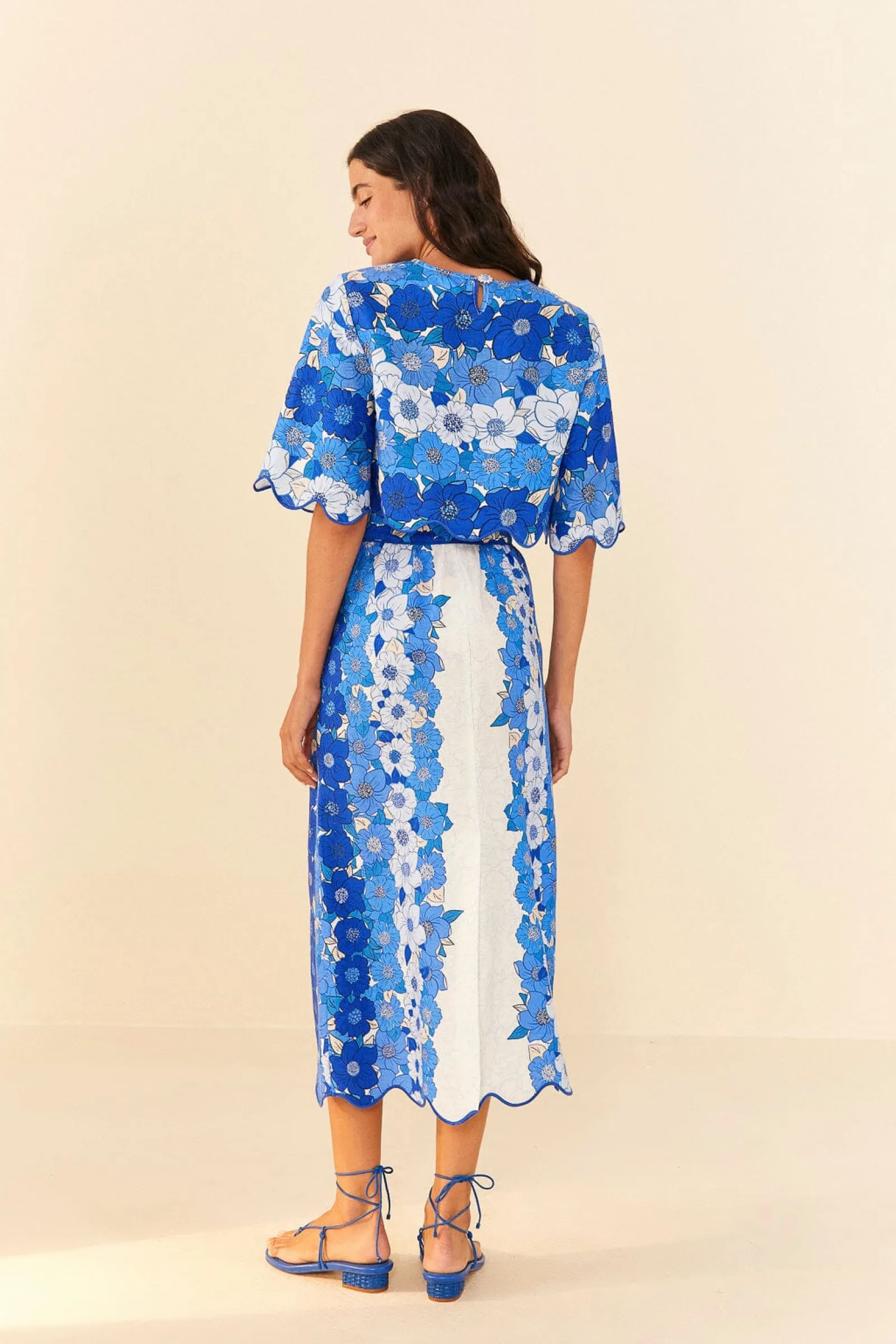 BLUE FLOWER STRIPES MIDI SKIRT