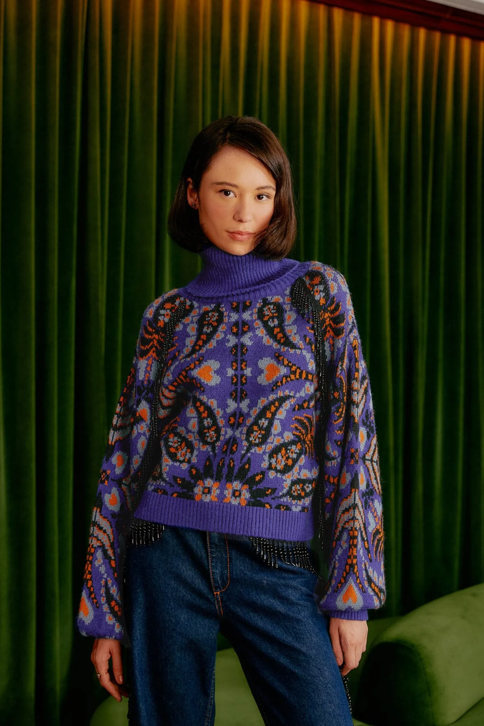  BLUE MARTINA SCARF SEQUIN EMBROIDERED KNIT CARDIGAN