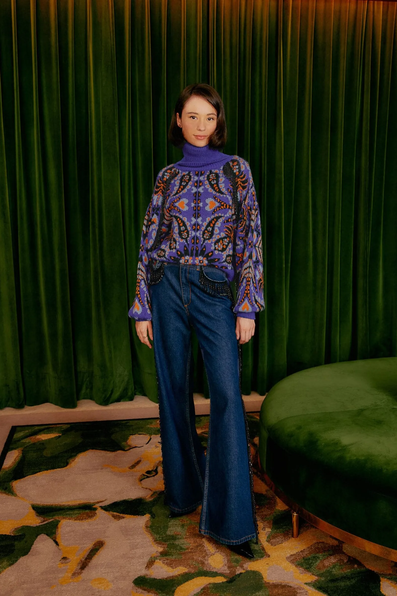 BLUE MARTINA SCARF SEQUIN EMBROIDERED KNIT CARDIGAN