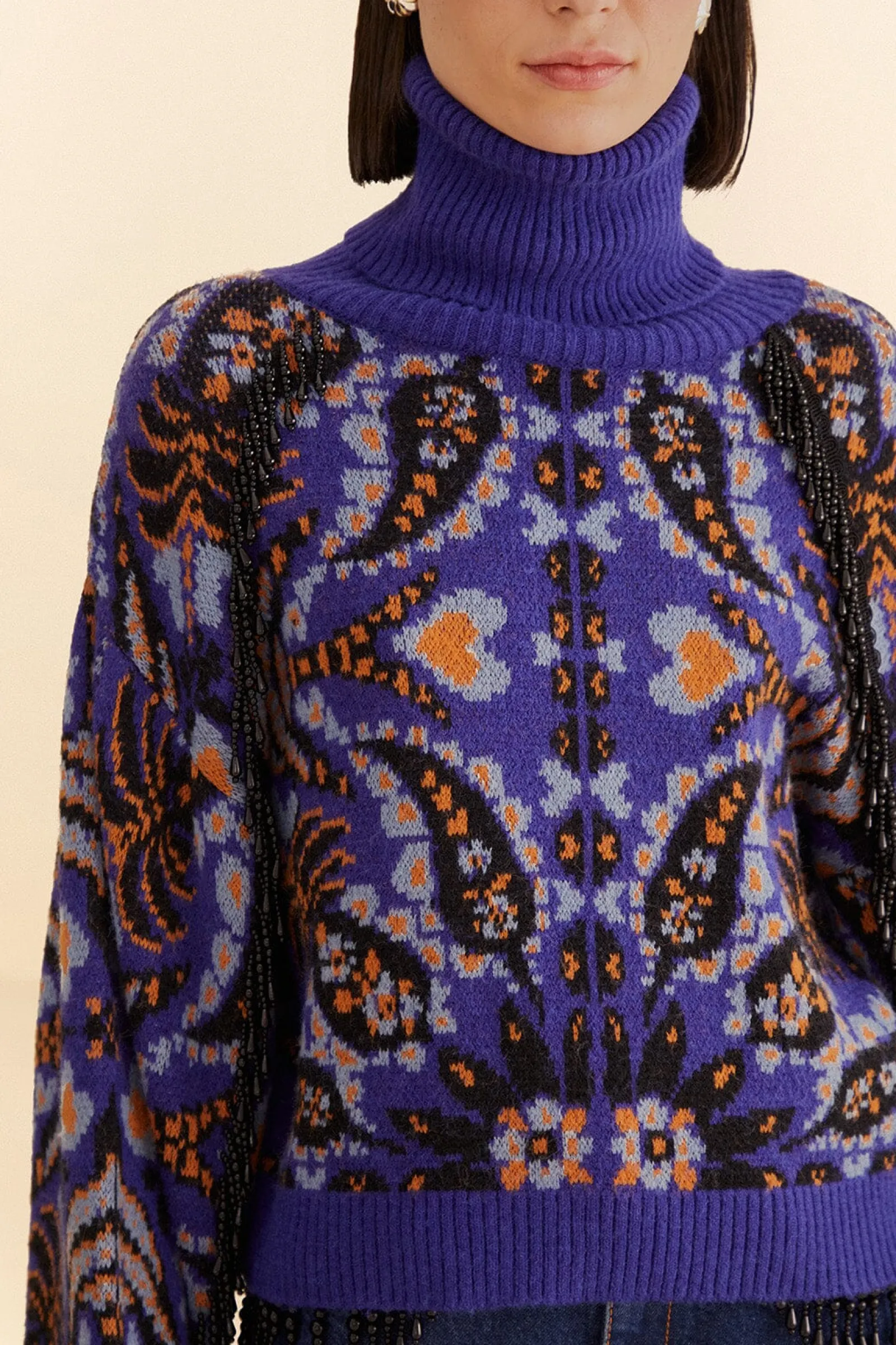 BLUE MARTINA SCARF SEQUIN EMBROIDERED KNIT CARDIGAN