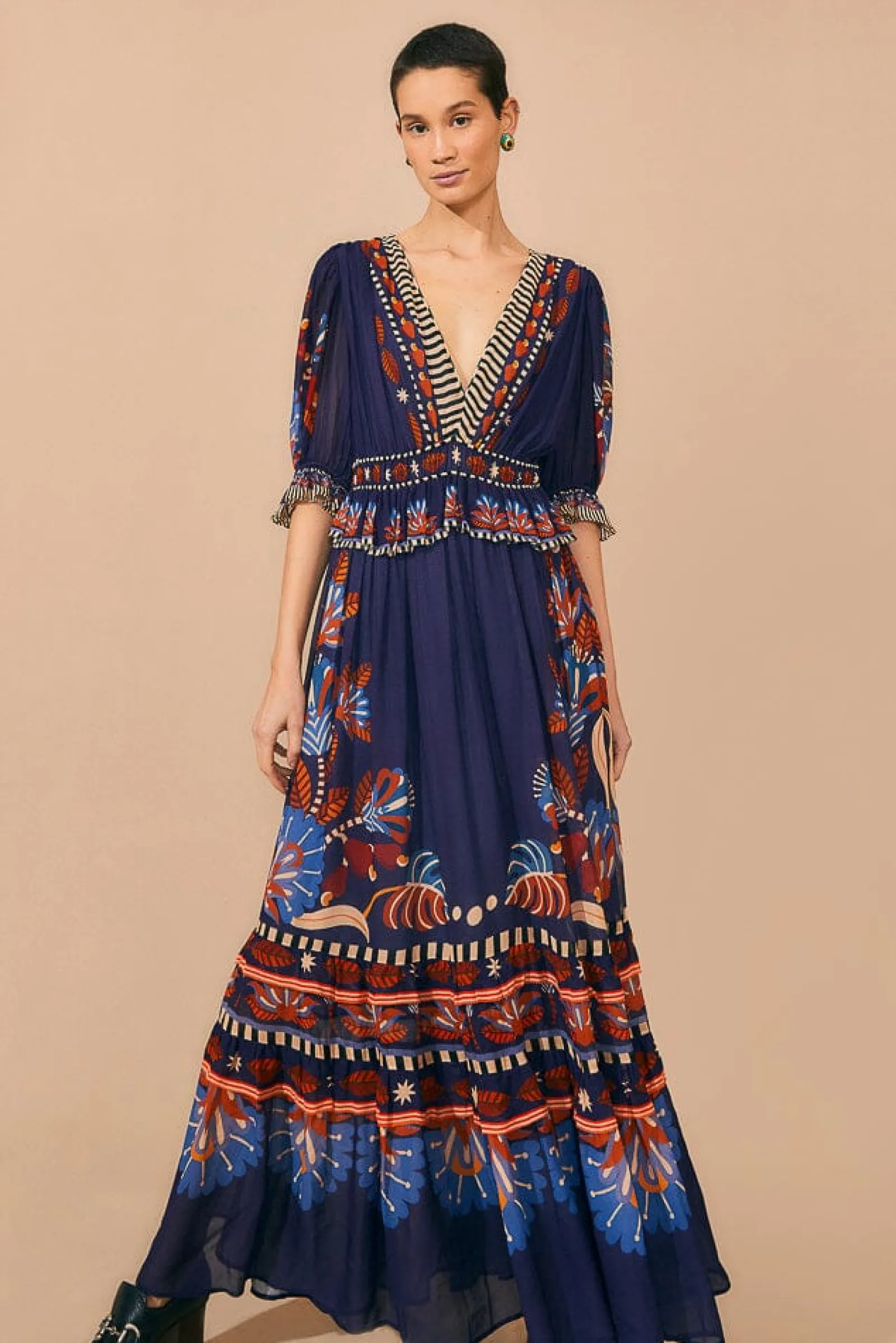 BLUE NATURE BEAUTY SHORT SLEEVE MAXI DRESS