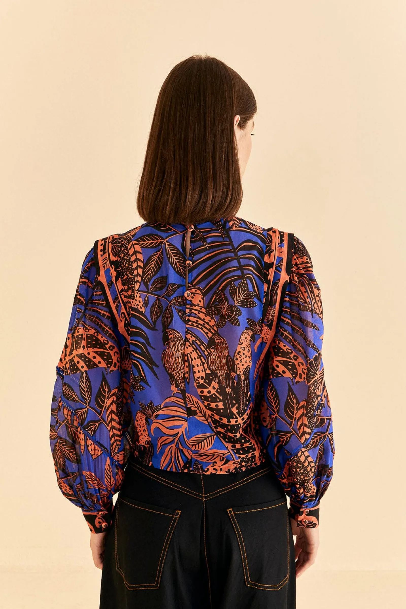 BLUE TROPICAL GOLD PLEATED LONG SLEEVE BLOUSE