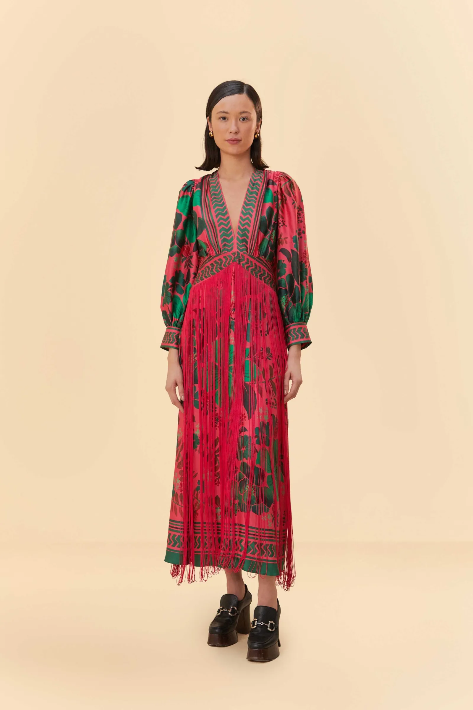  BLUSH FLORAL YARD FRINGE MAXI DRESS