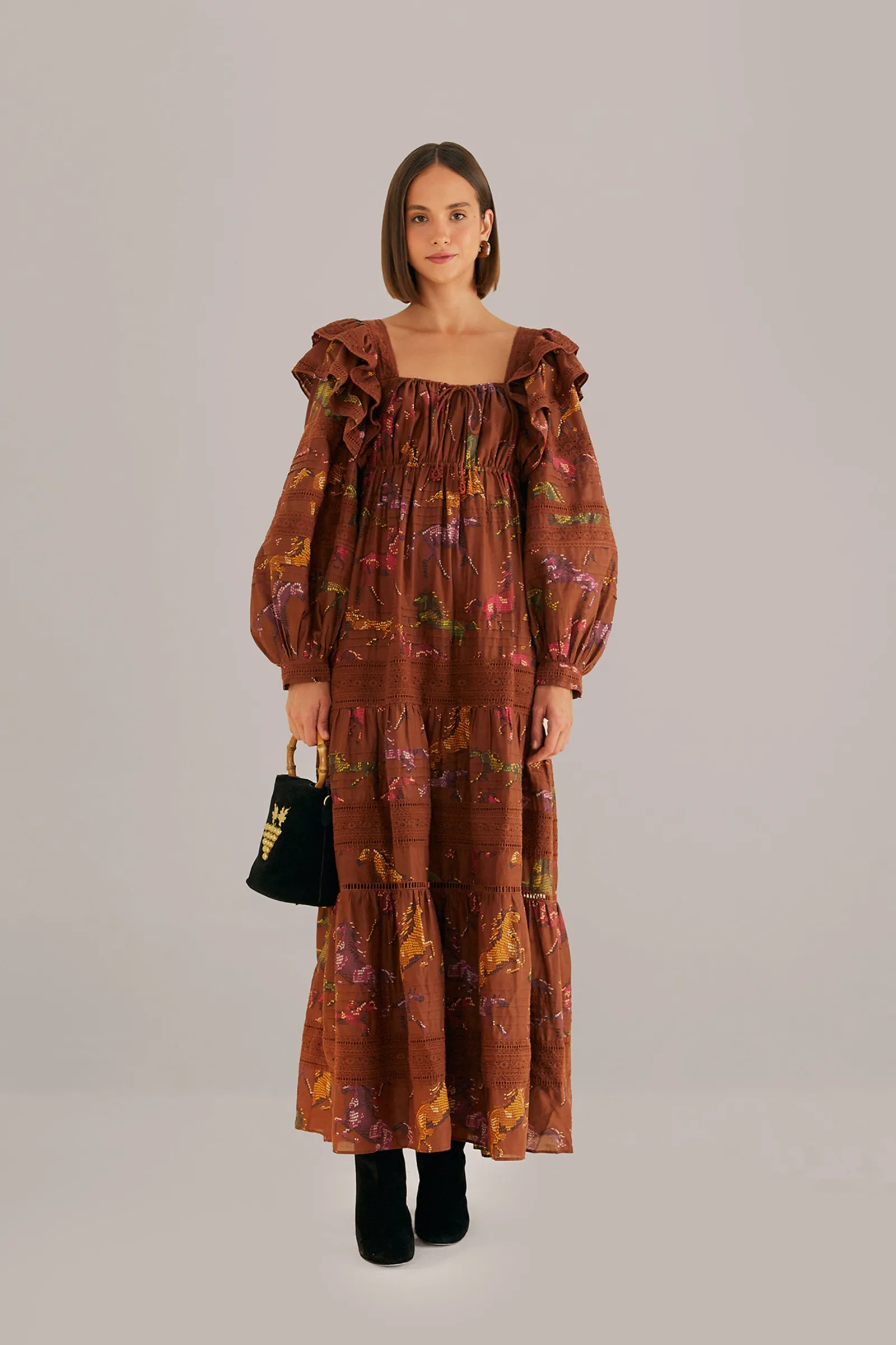  BROWN DOTTED HORSES MAXI DRESS