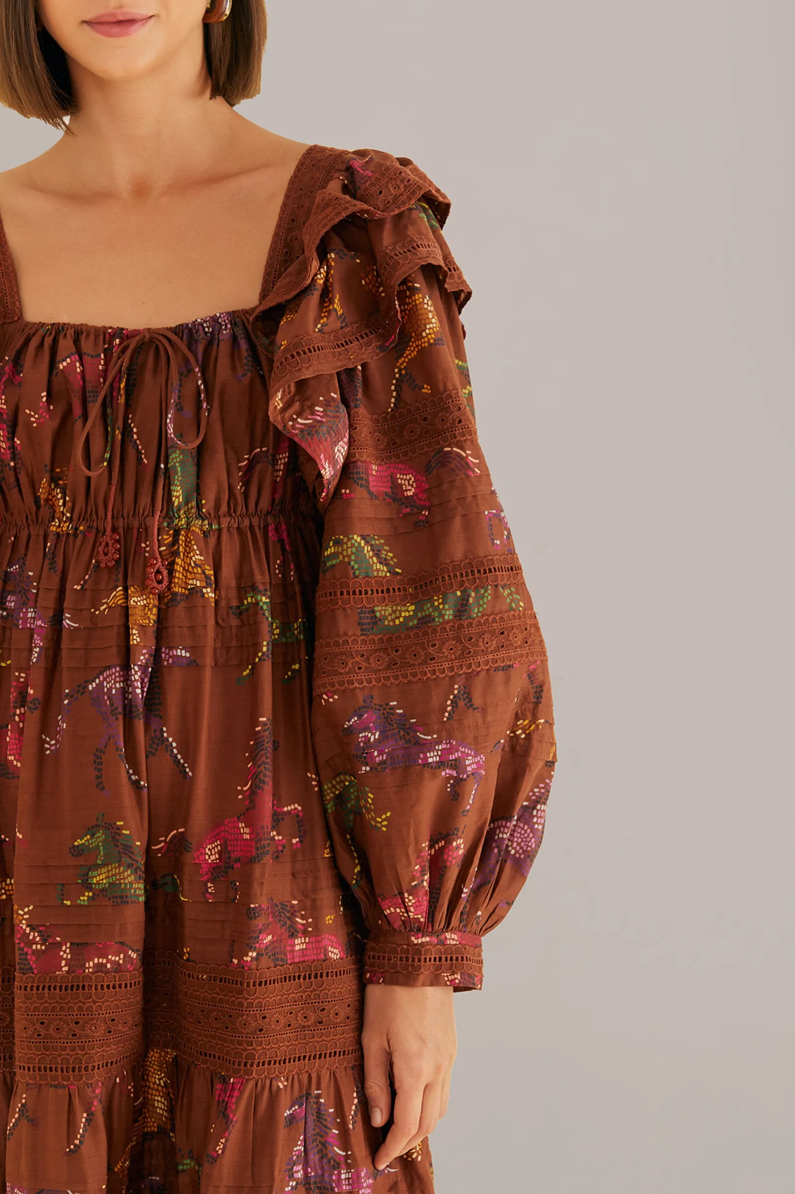 BROWN DOTTED HORSES MAXI DRESS