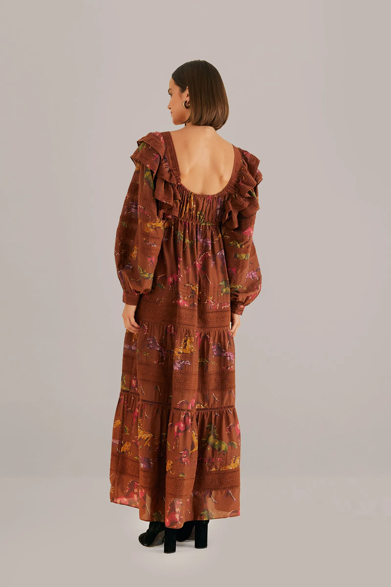 BROWN DOTTED HORSES MAXI DRESS