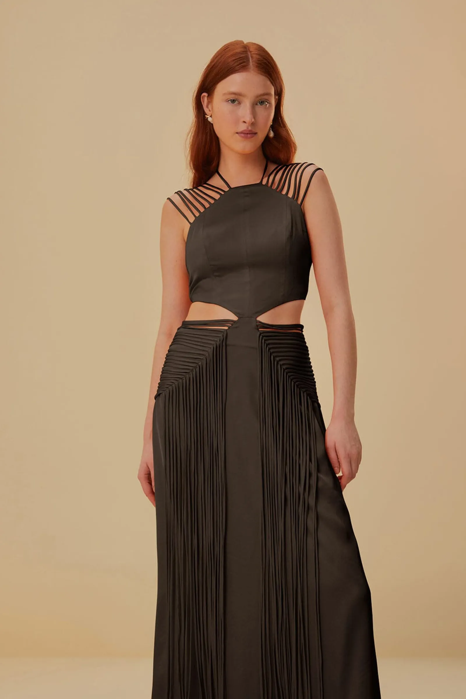  BROWN FRINGED SLEEVELESS MIDI DRESS