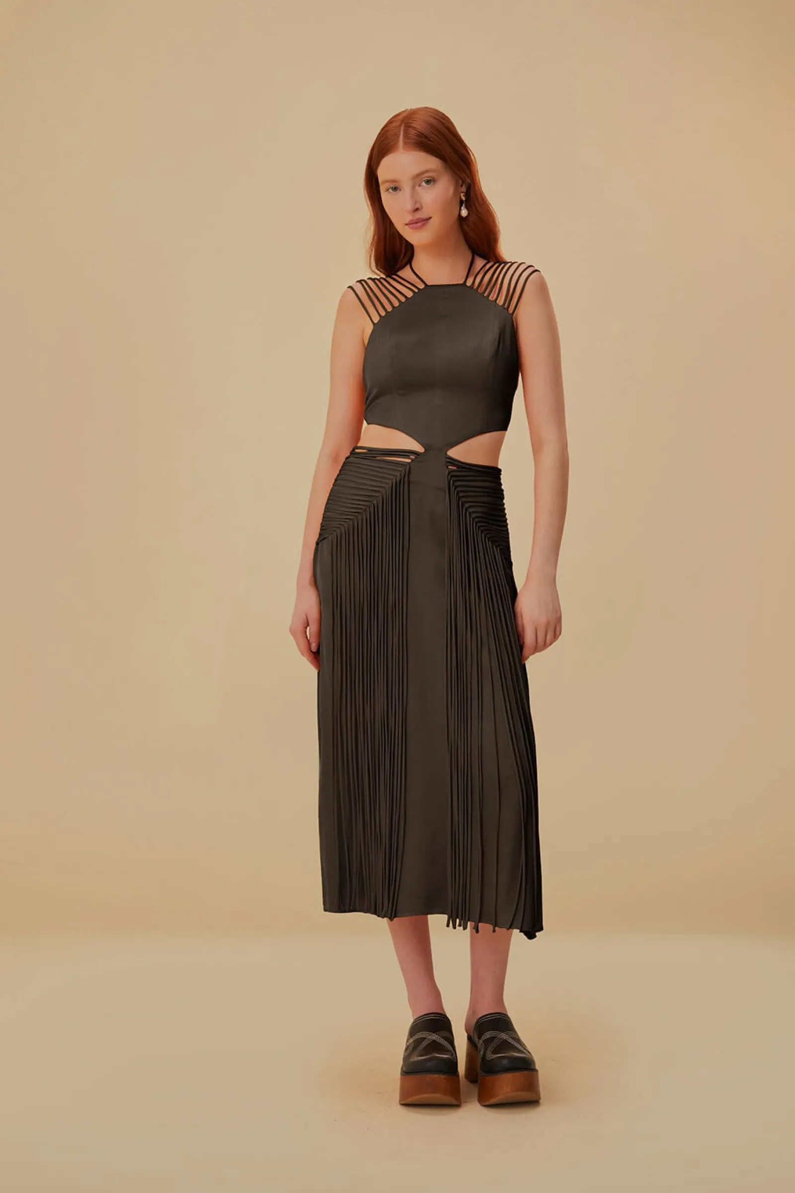 BROWN FRINGED SLEEVELESS MIDI DRESS