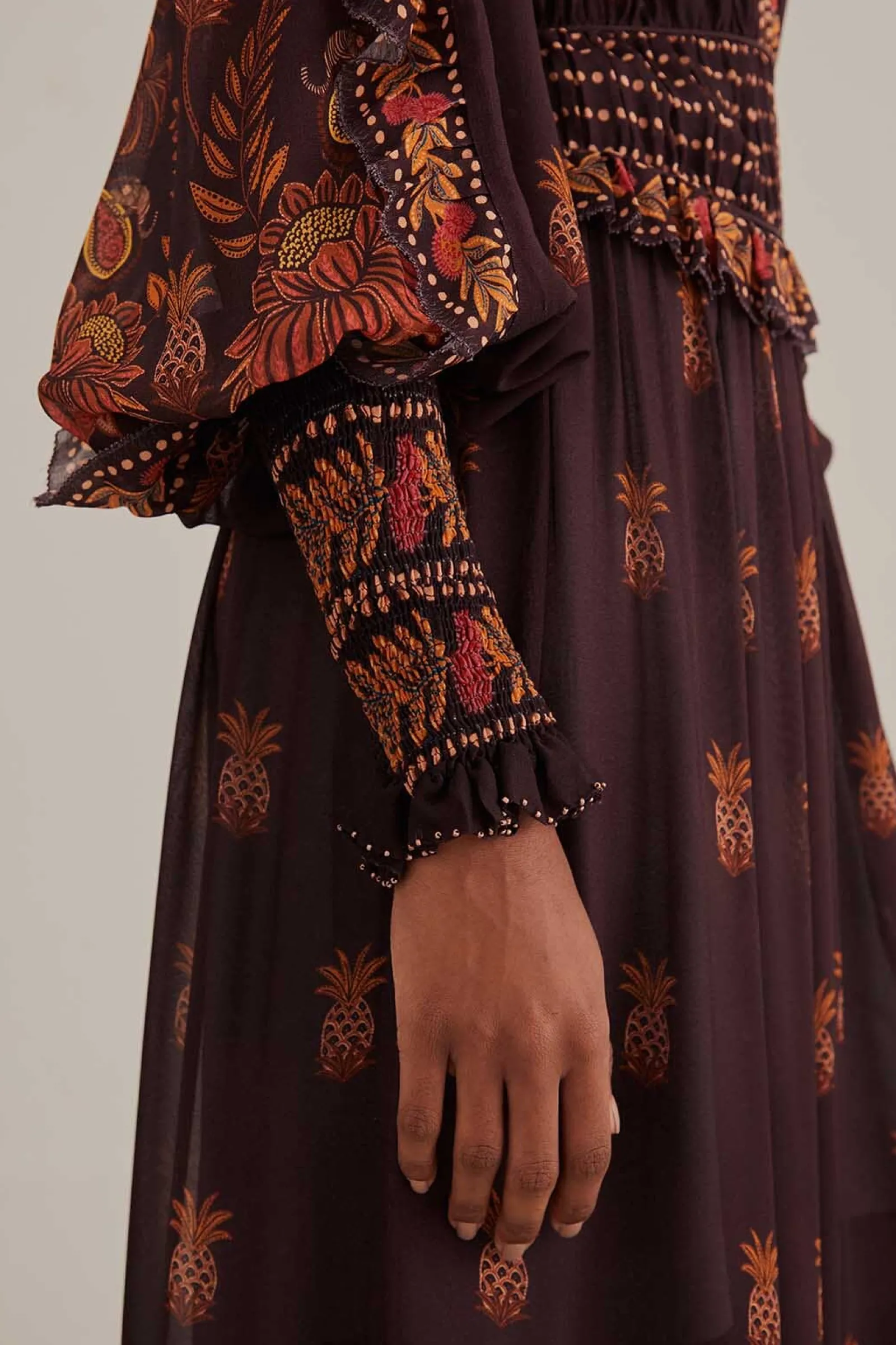 BROWN PAISLEY BLOOM LONG SLEEVE MAXI DRESS