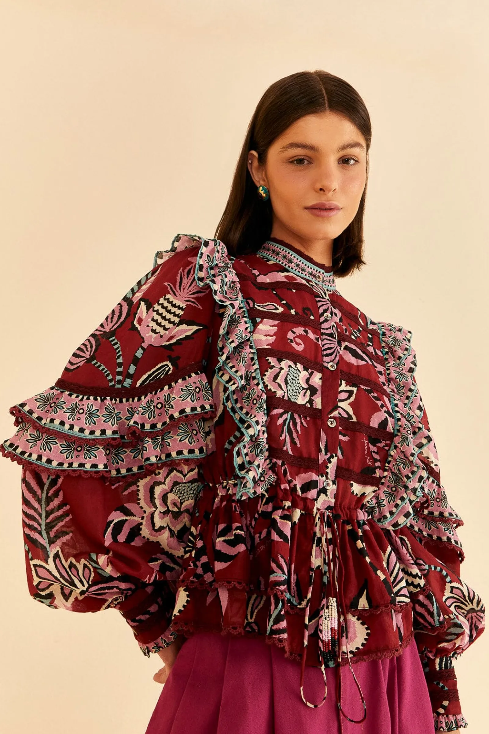  BURGUNDY PINEAPPLE INSPIRATION RUFFLE BLOUSE