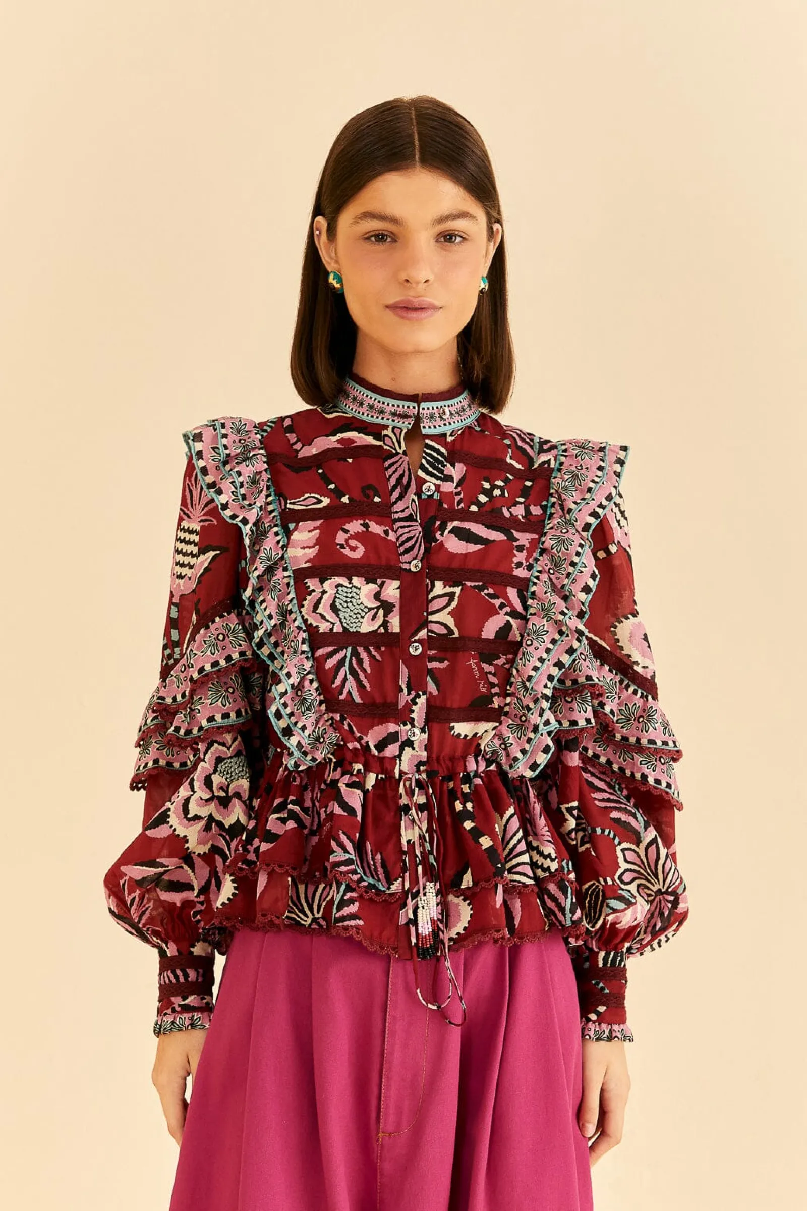 BURGUNDY PINEAPPLE INSPIRATION RUFFLE BLOUSE