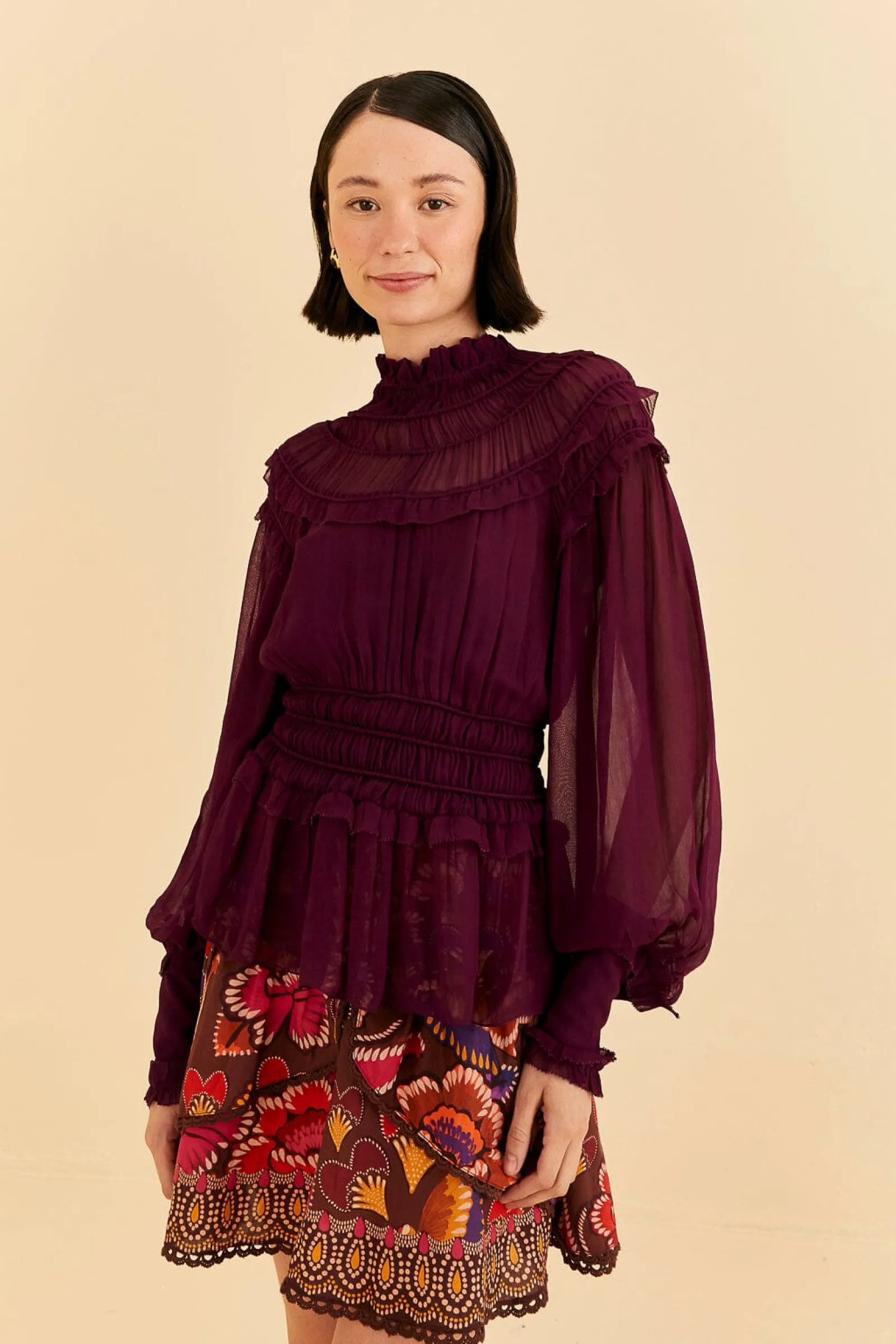  BURGUNDY RUFFLE HIGH NECK BLOUSE