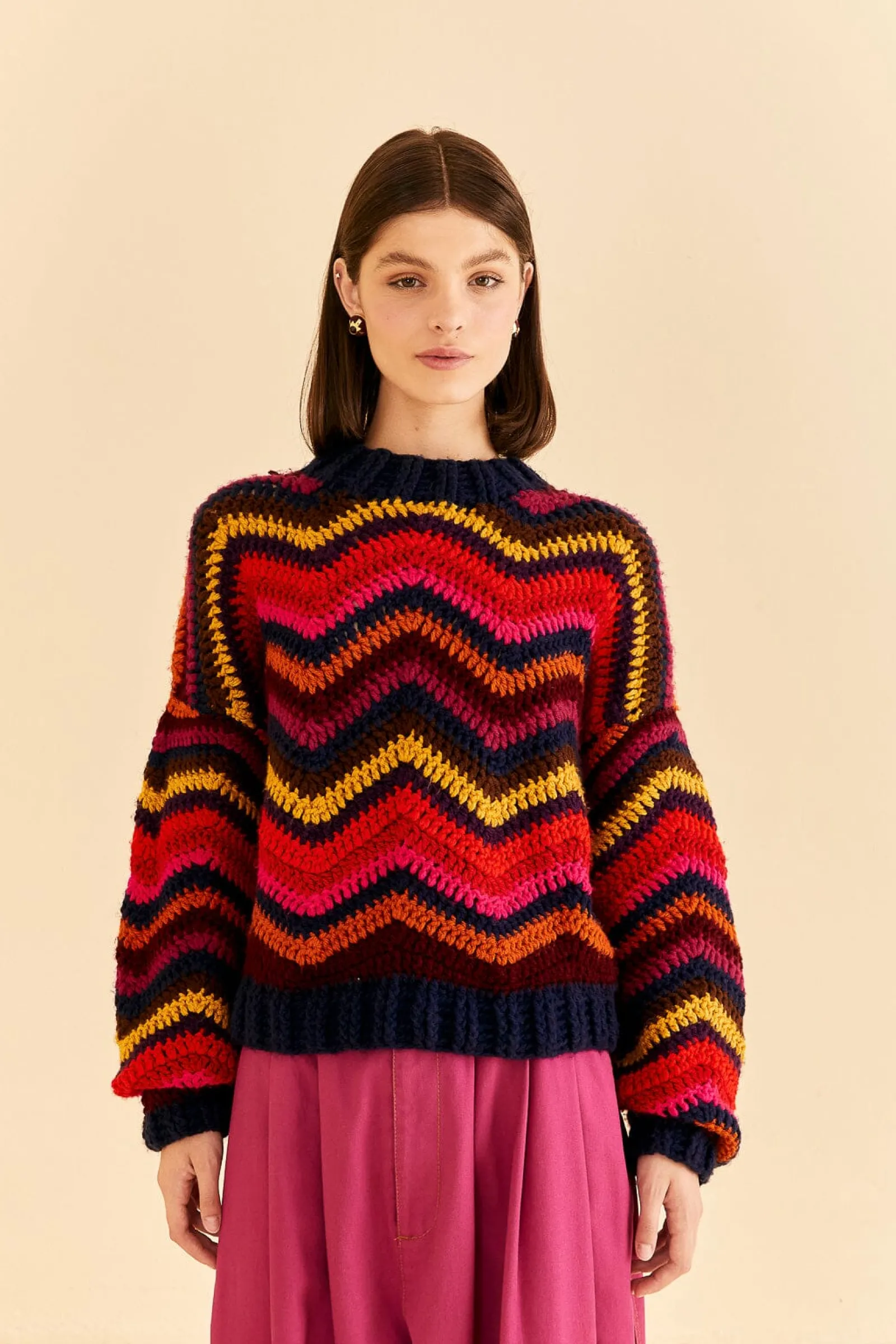 COLORFUL WAVES CROCHET HIGH NECK SWEATER