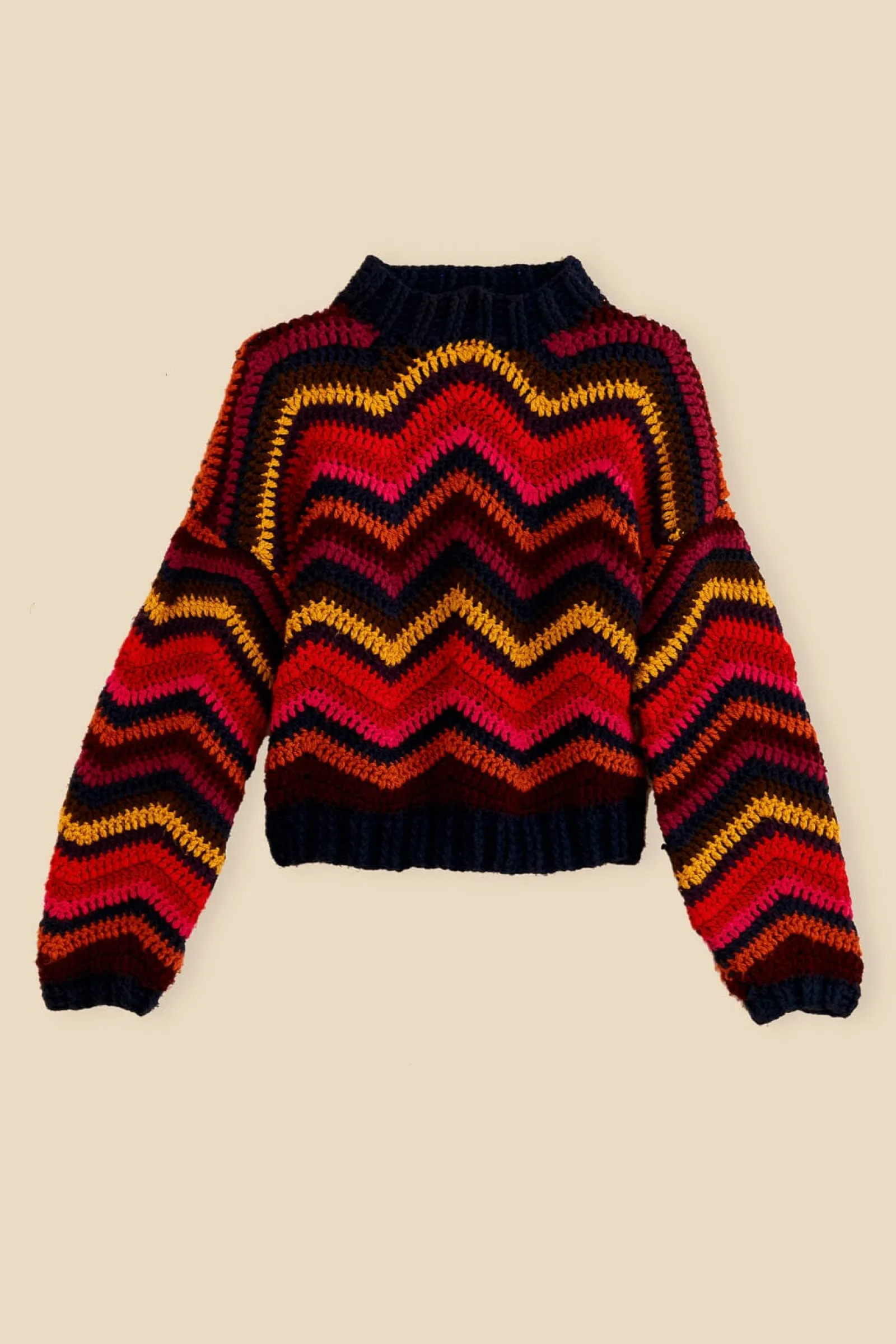 COLORFUL WAVES CROCHET HIGH NECK SWEATER