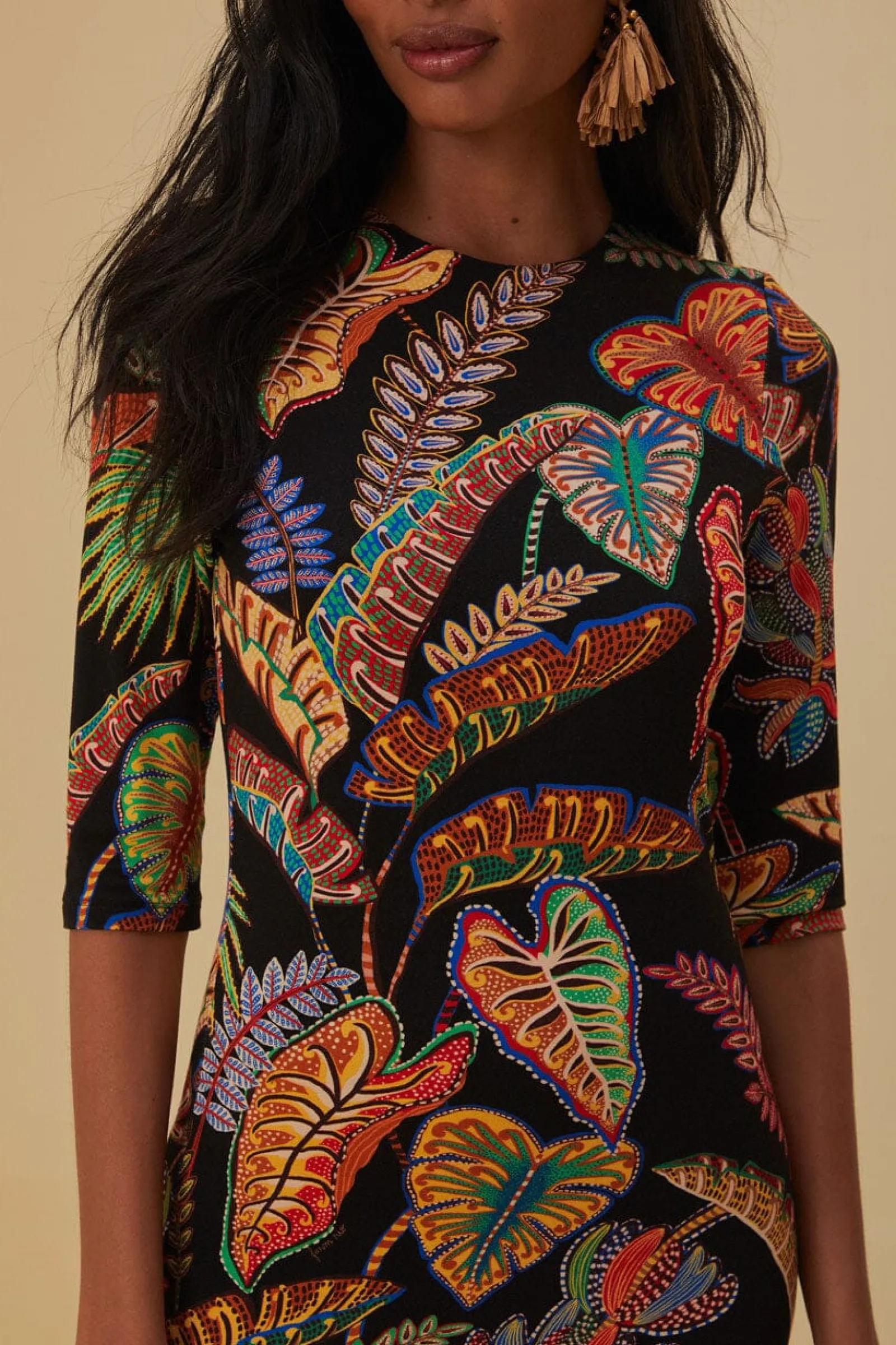 COOL FOLIAGE BLACK JERSEY MIDI DRESS