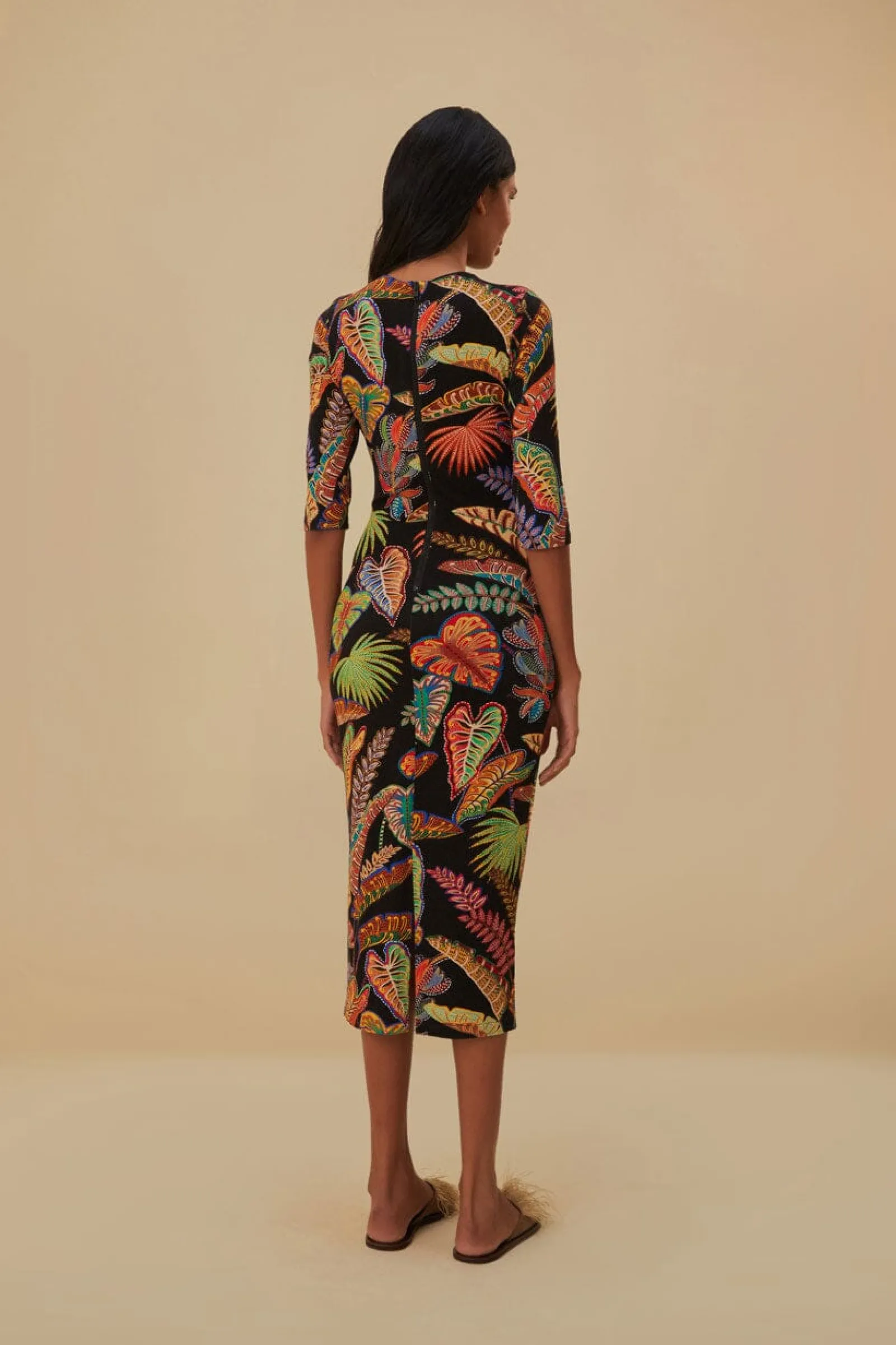 COOL FOLIAGE BLACK JERSEY MIDI DRESS