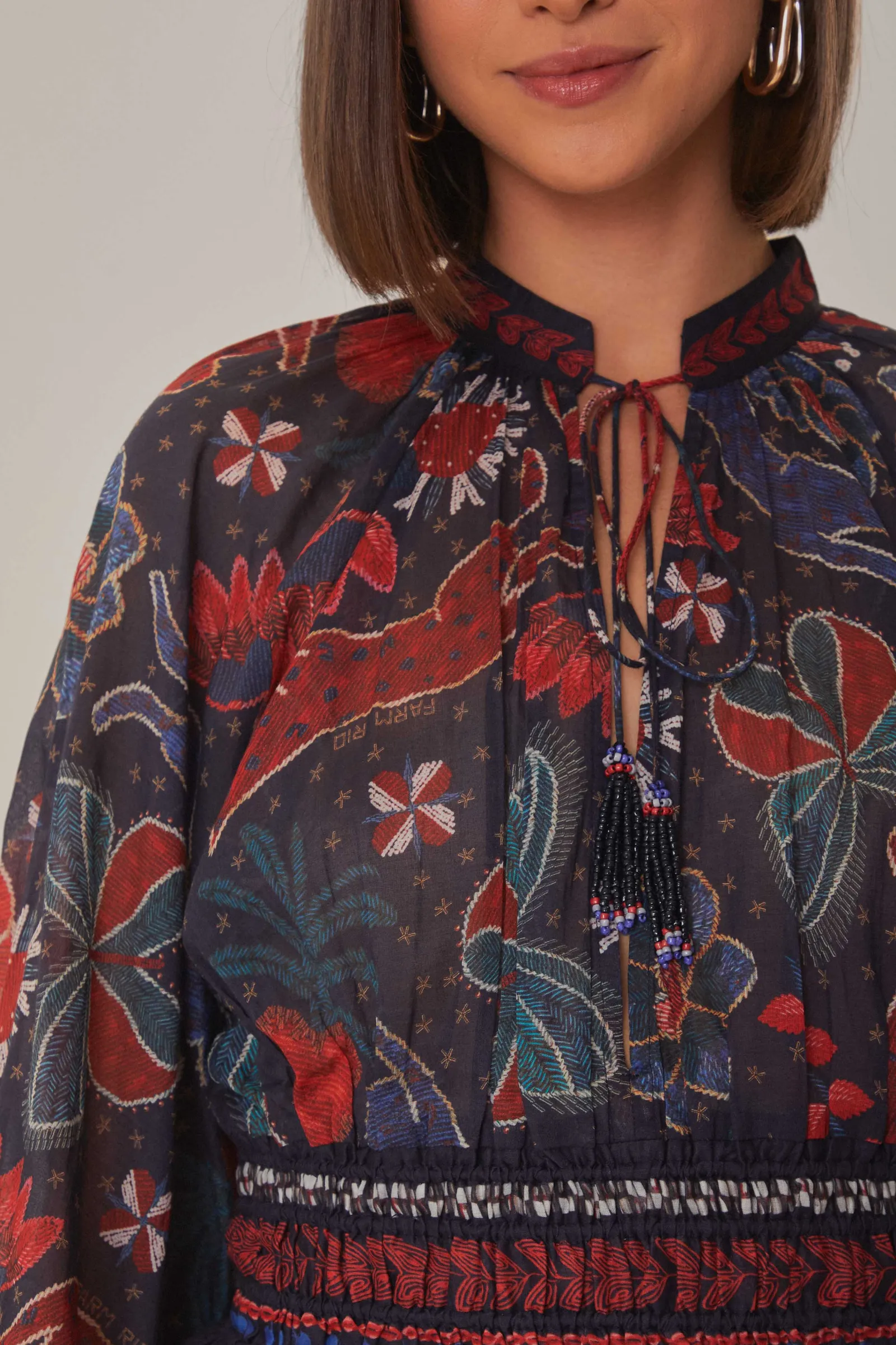 DARK BLUE TROPICAL SHINE V NECK BLOUSE