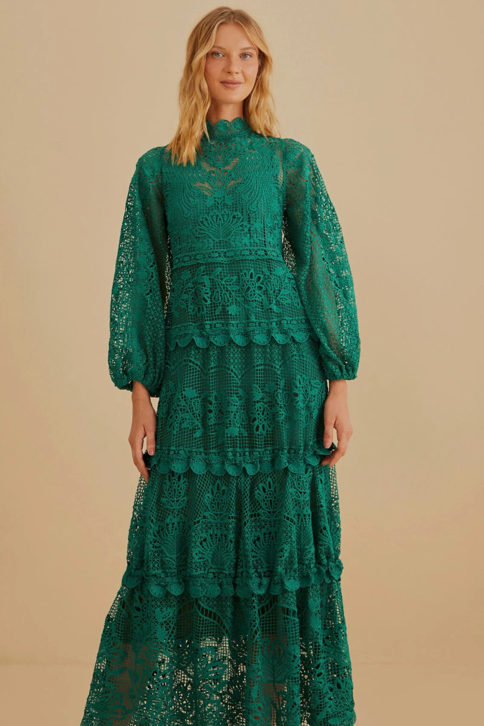 DARK GREEN GUIPURE LONG SLEEVE MAXI DRESS